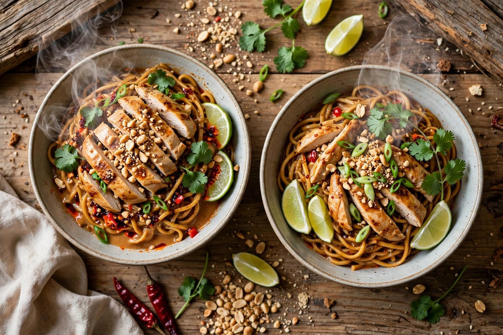 Served bowls of spicy peanut noodles topped with scallions, cilantro, and peanuts