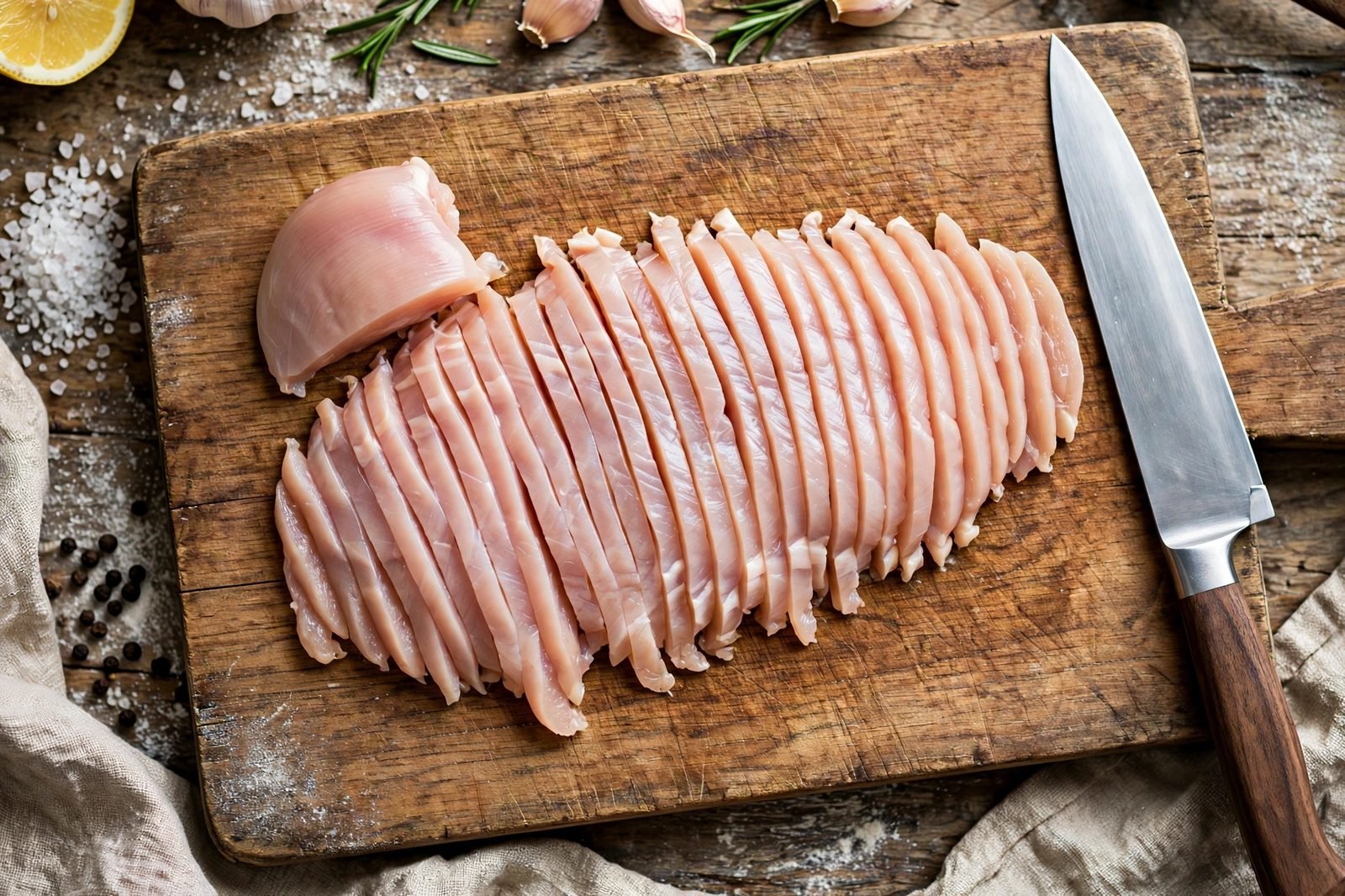 Chicken breast sliced thin against the grain on a cutting board