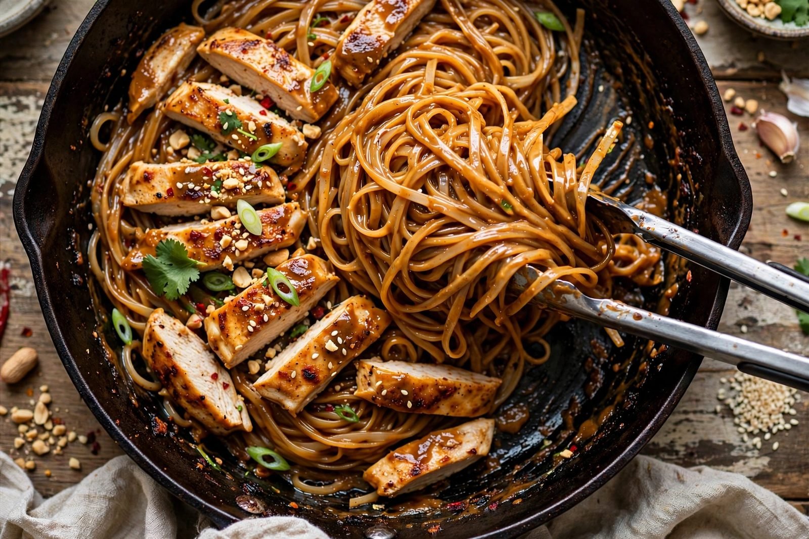 Noodles, chicken, and peanut sauce tossed together in a skillet