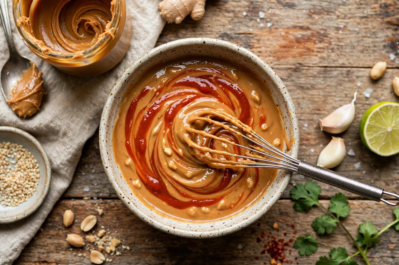 Peanut sauce whisked smooth in a small bowl