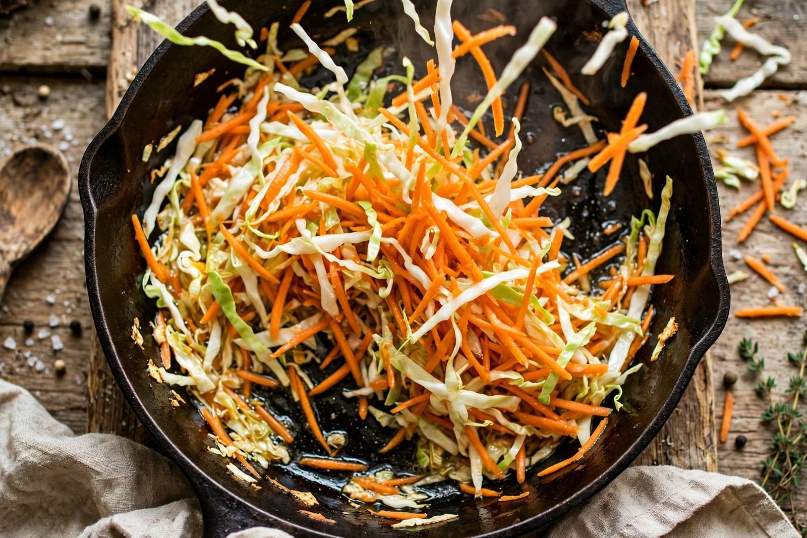 Shredded cabbage and carrots wilting in a hot skillet