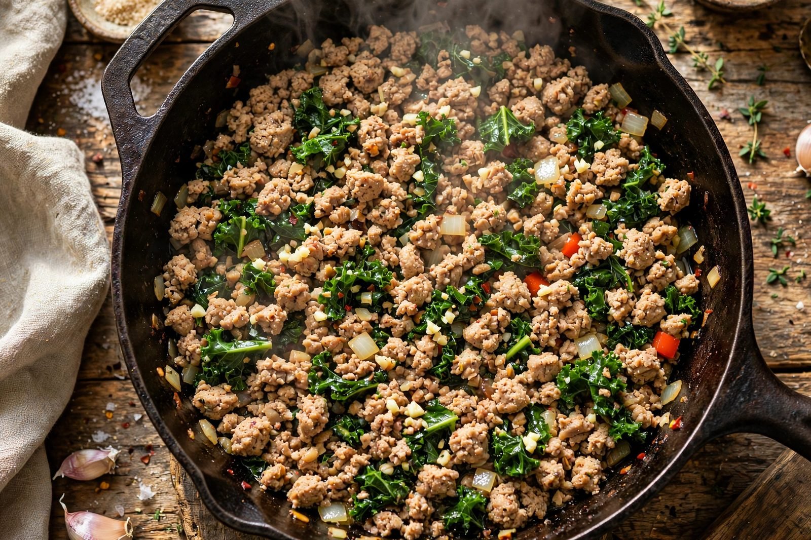 Onion, garlic, and kale cooking with browned turkey in a skillet