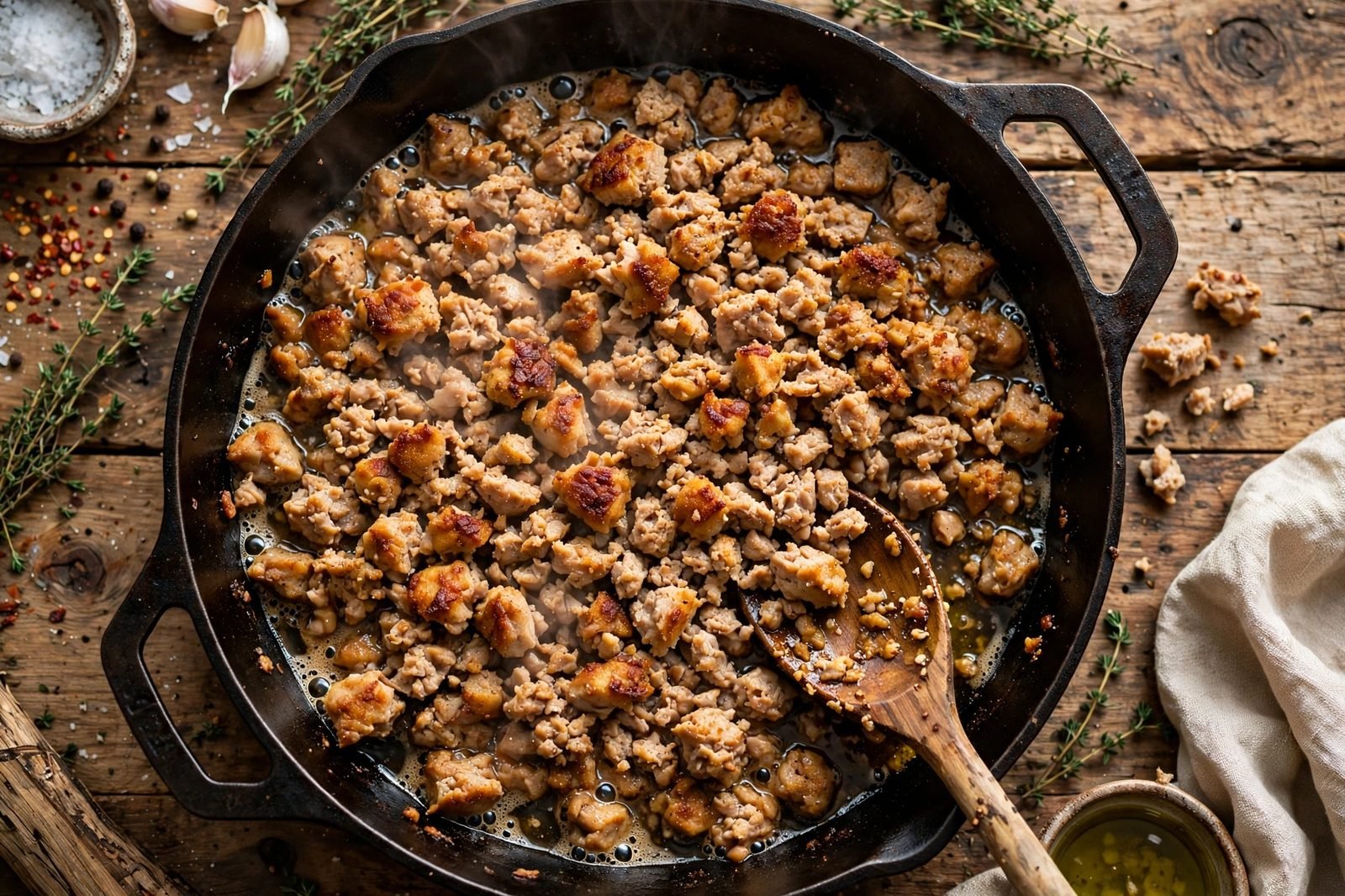 Ground turkey browning in a skillet