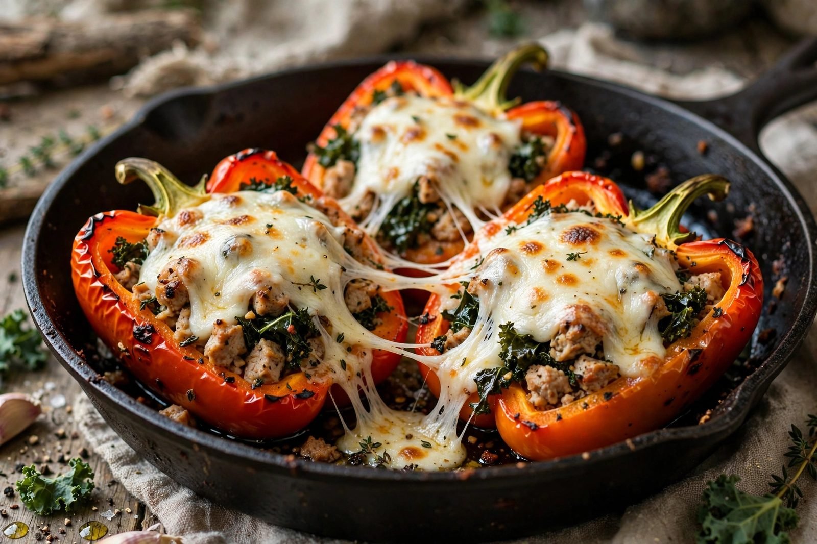 Close-up of mozzarella melting over stuffed peppers