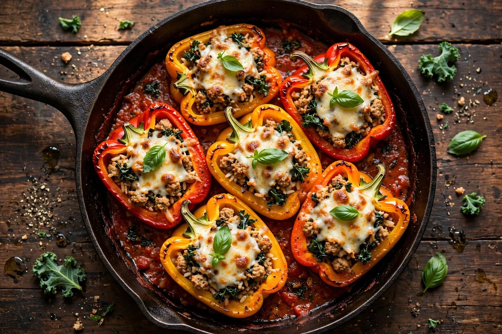 Skillet of turkey and kale stuffed peppers with melted cheese