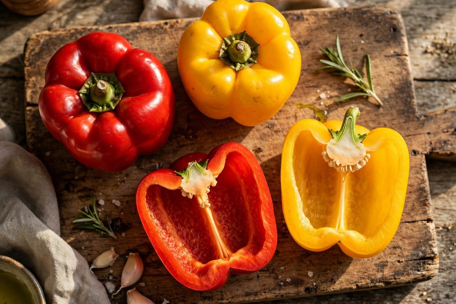 Bell peppers halved lengthwise on a cutting board