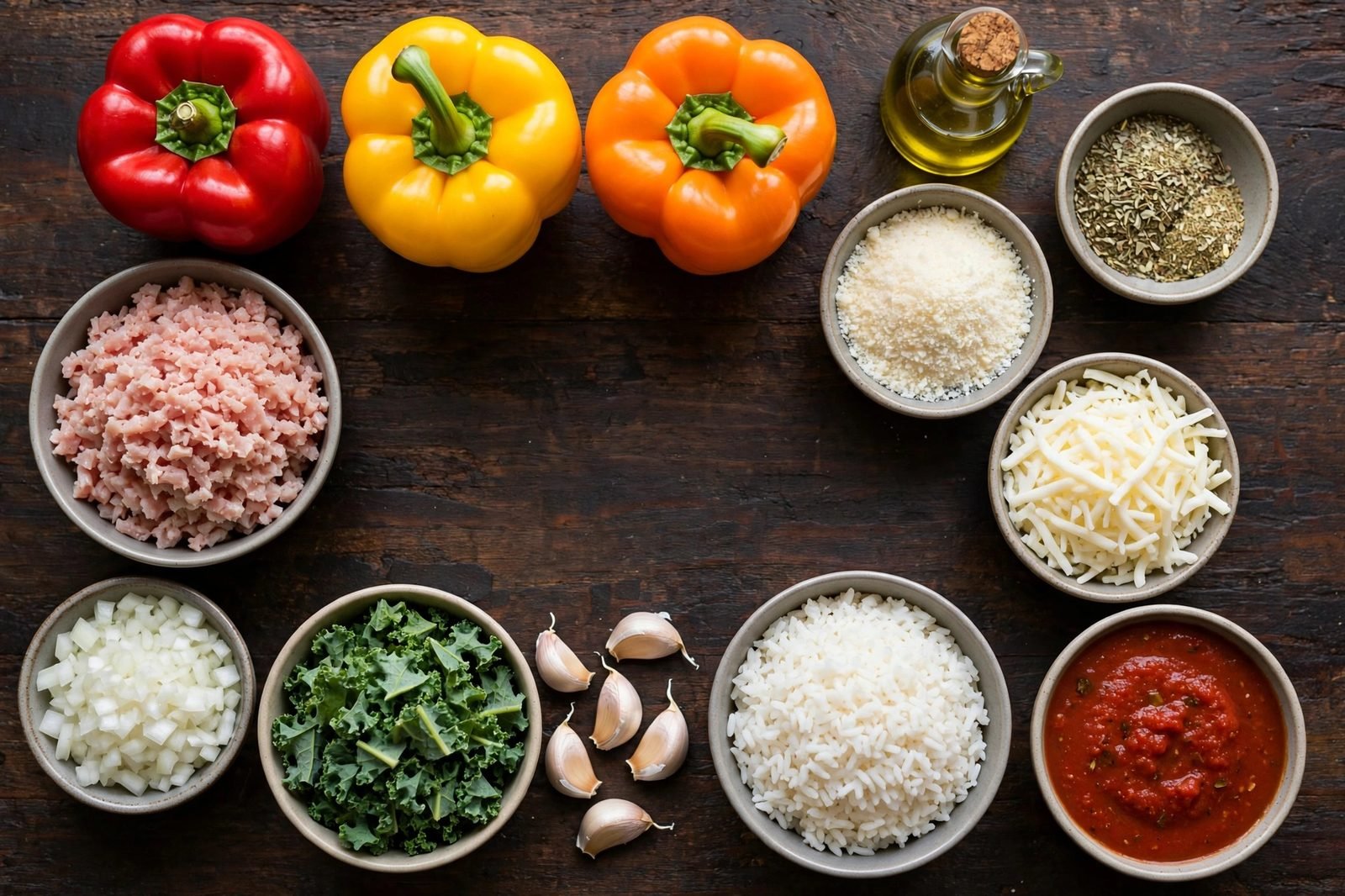 Ingredients for turkey and kale stuffed peppers arranged on a counter