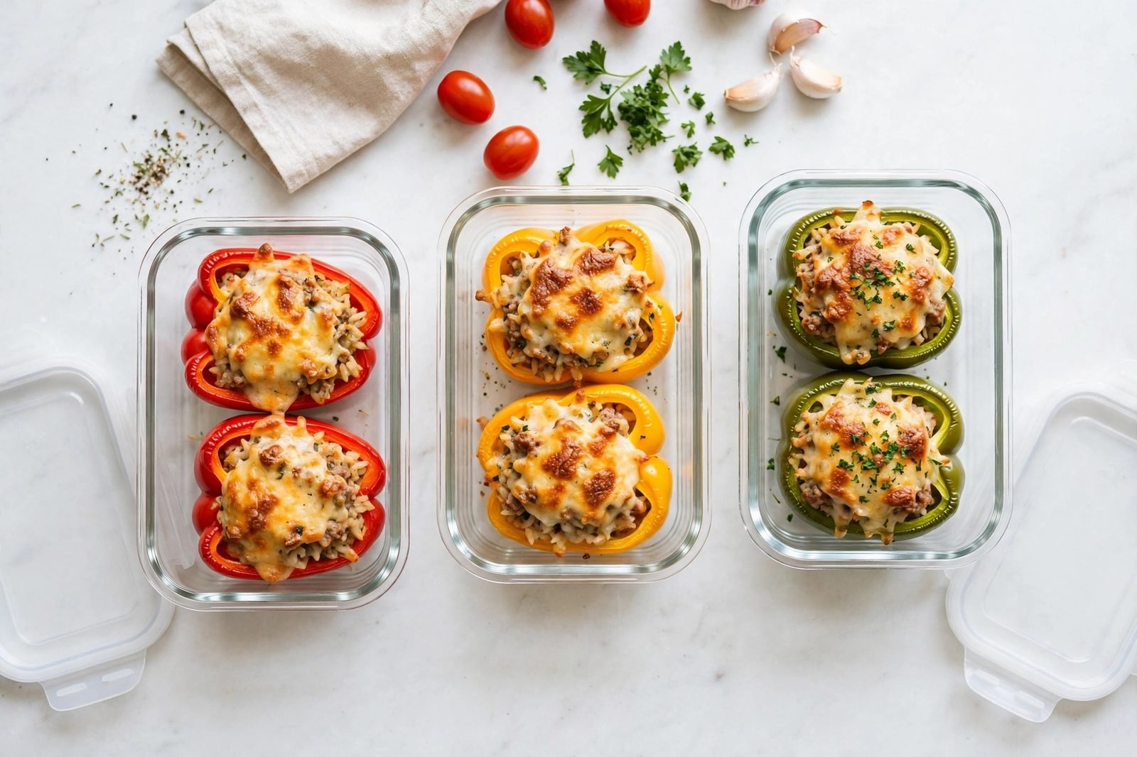 Meal prep containers filled with turkey and kale stuffed peppers