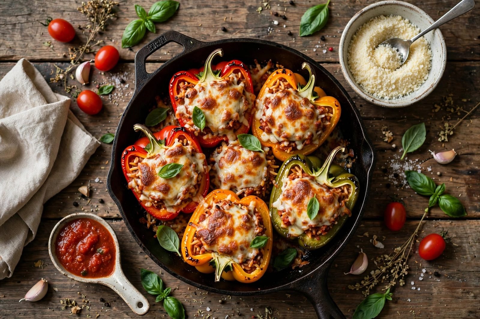 Overhead of the finished stuffed pepper skillet