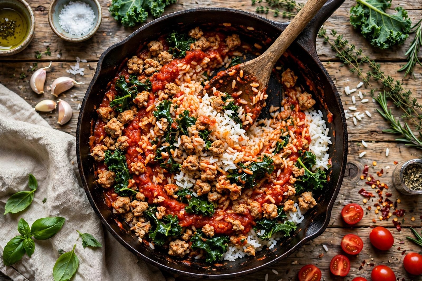 Cooked rice and marinara sauce stirred into the turkey and kale filling