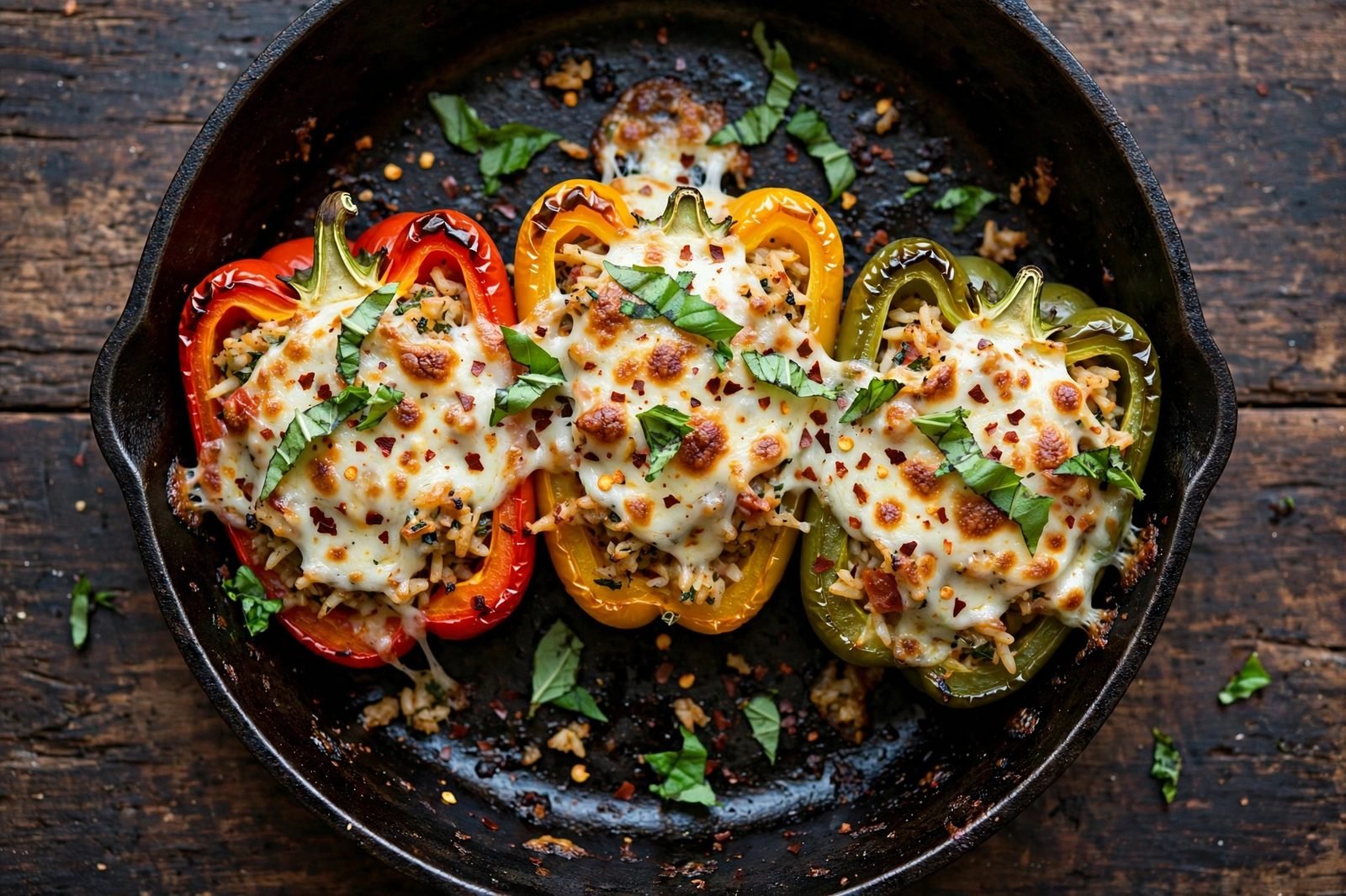 Served turkey and kale stuffed peppers with fresh basil