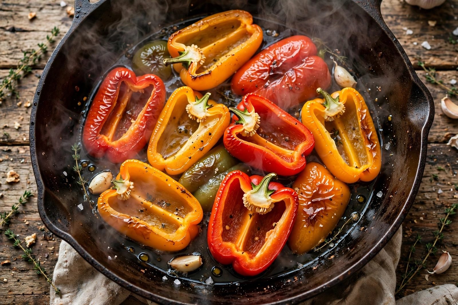 Pepper halves steaming in a covered skillet