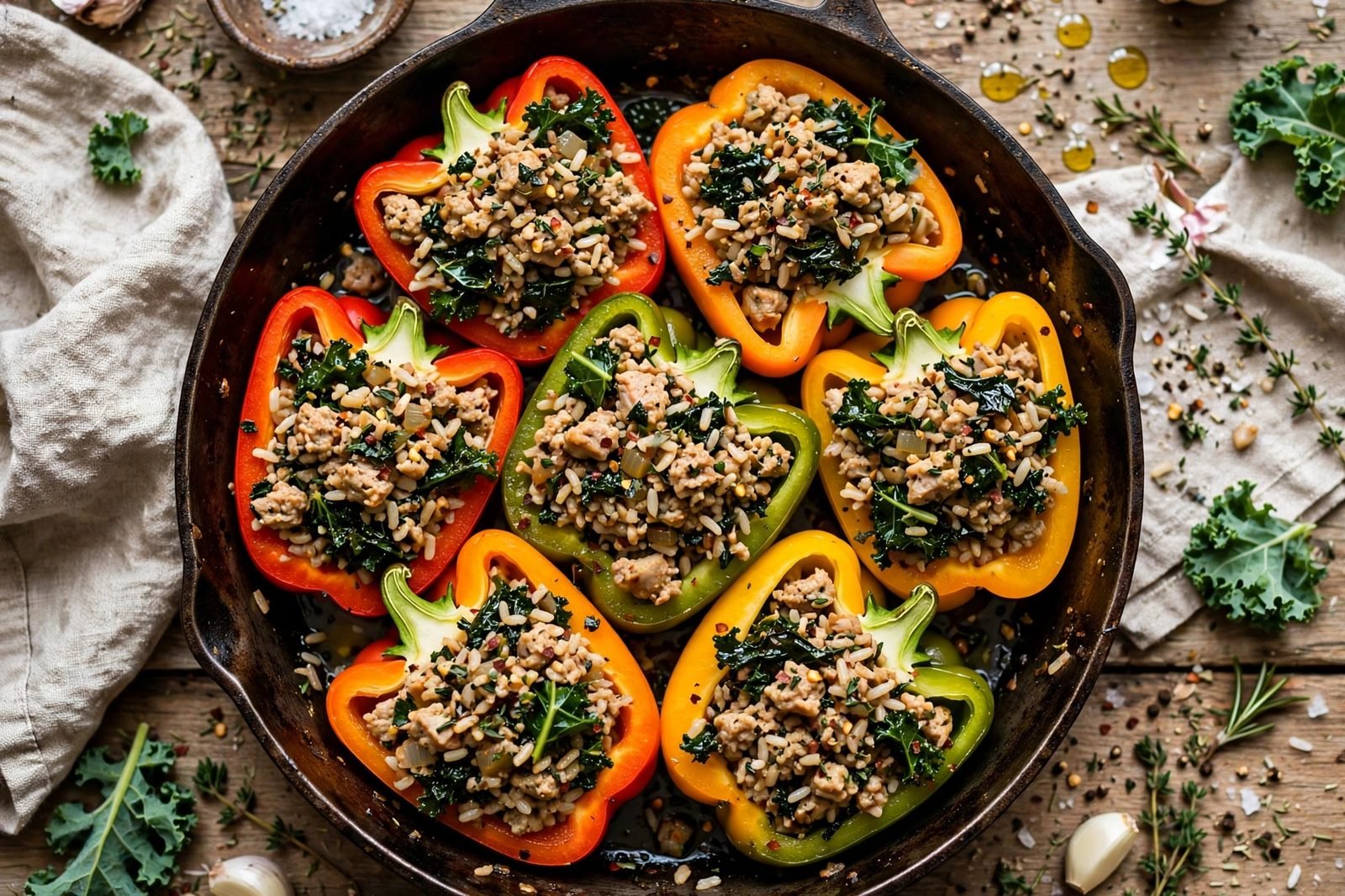 Turkey and kale filling spooned into steamed pepper halves