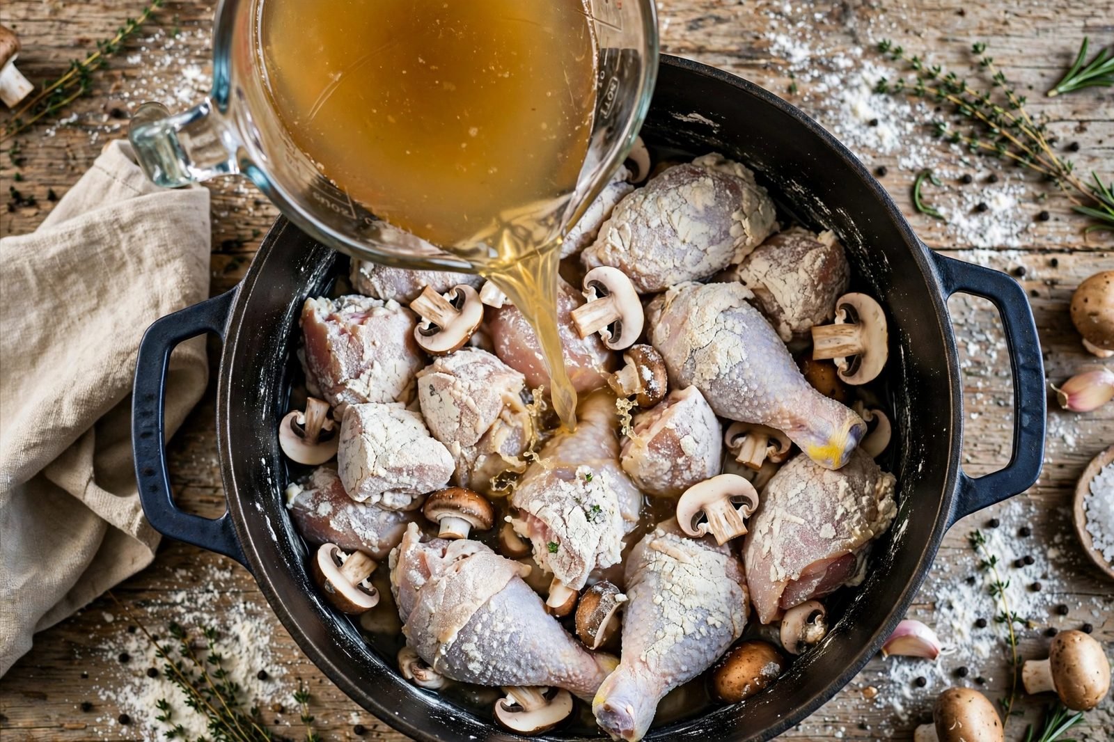 Chicken broth poured into the pot with flour-coated chicken