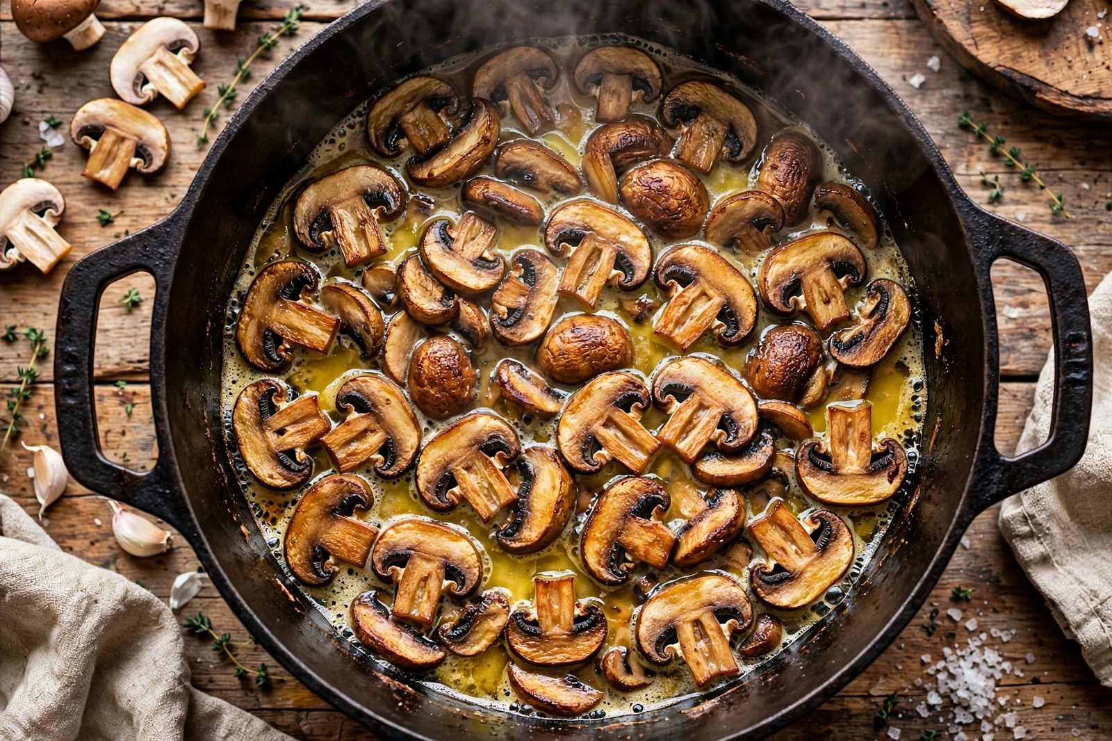 Golden sliced mushrooms browning in butter in a pot
