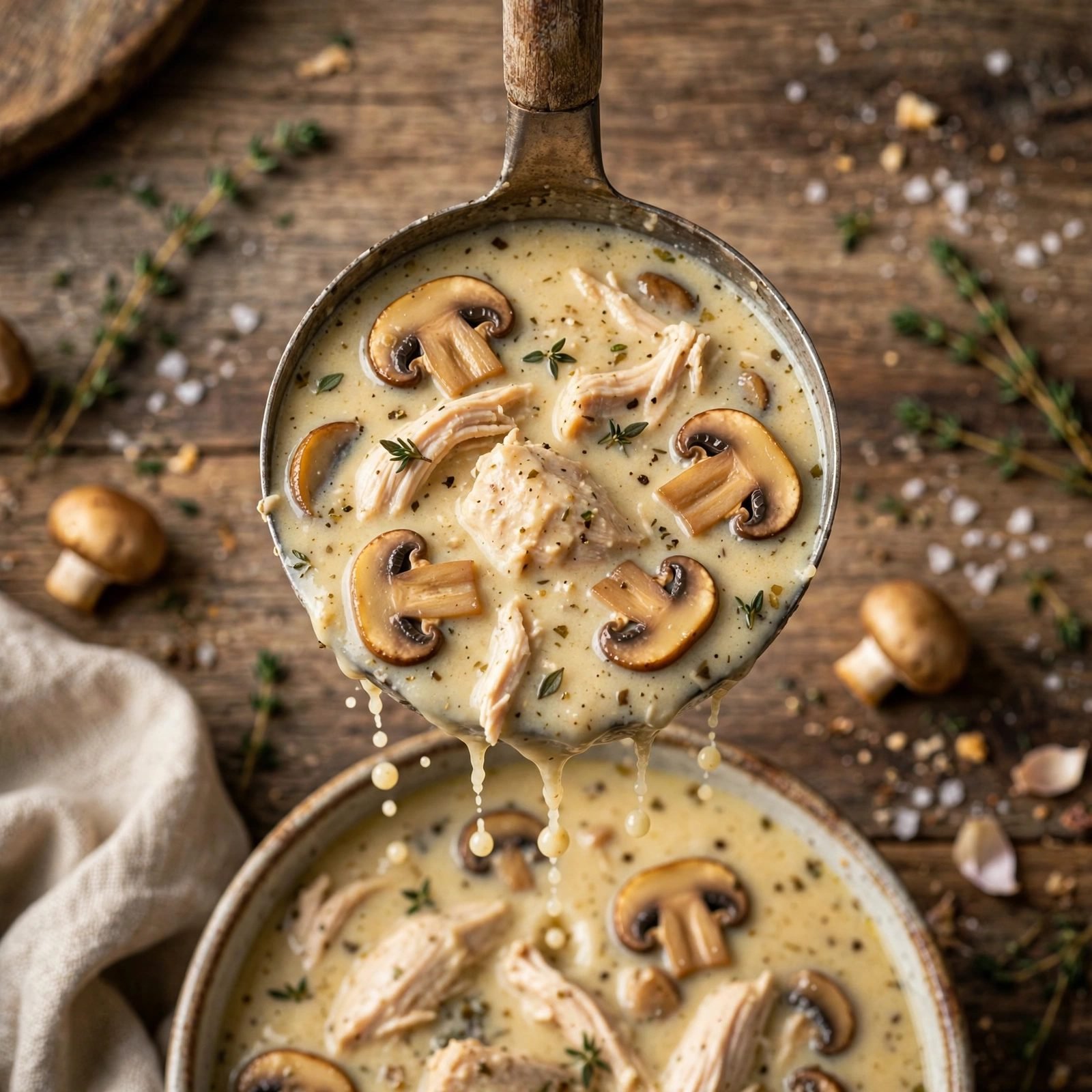 Ladle lifting creamy soup with mushrooms and chicken