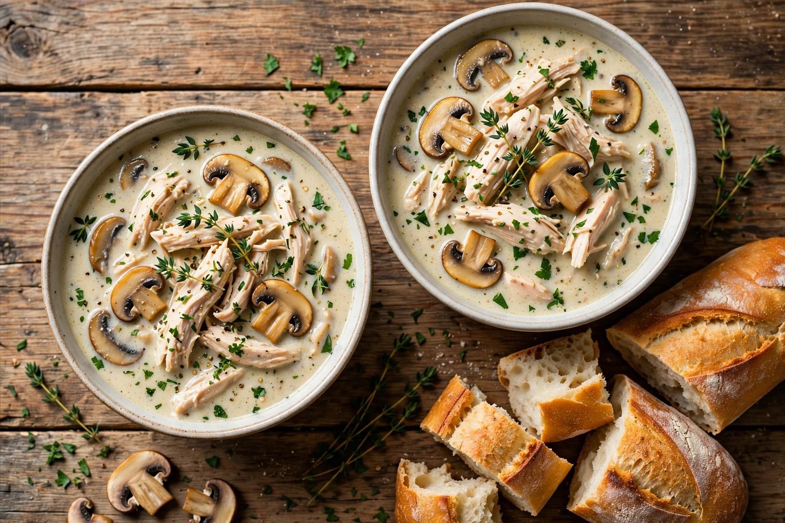 Two bowls of creamy chicken and mushroom soup with thyme, parsley, and crusty bread