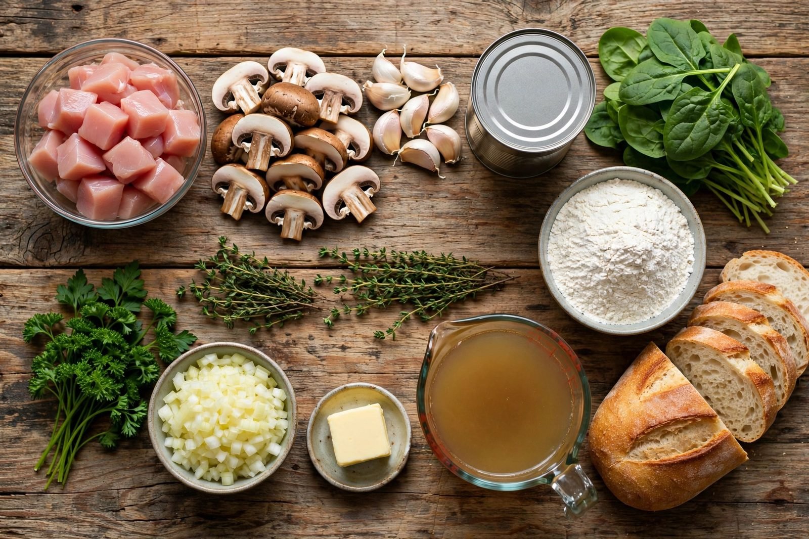 Ingredients for creamy chicken and mushroom soup: chicken pieces, mushrooms, onion, garlic, thyme, evaporated milk, spinach, flour, broth, butter, parsley, and bread