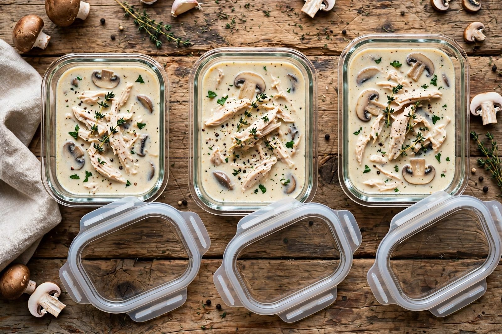 Meal prep containers filled with creamy chicken and mushroom soup