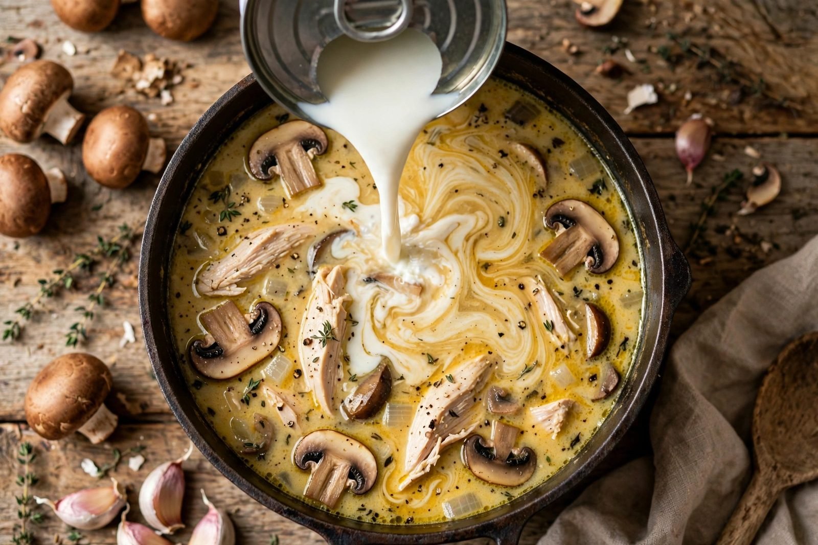 Evaporated milk being poured into the simmering soup