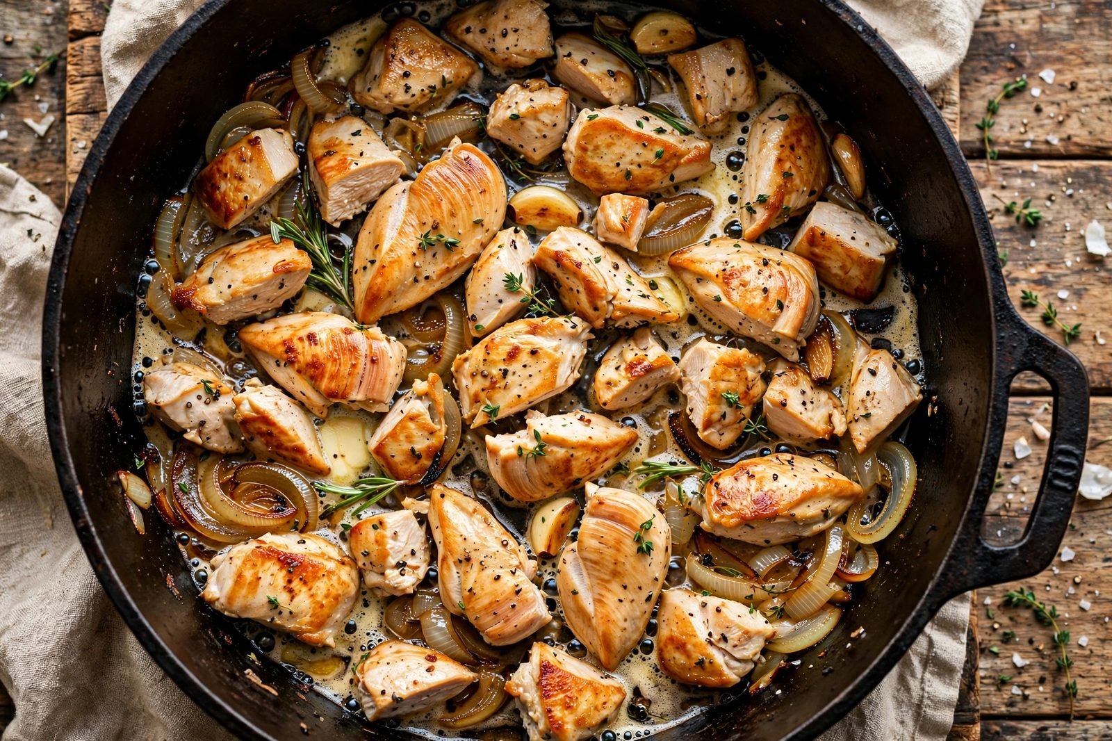 Chicken pieces searing in a pot