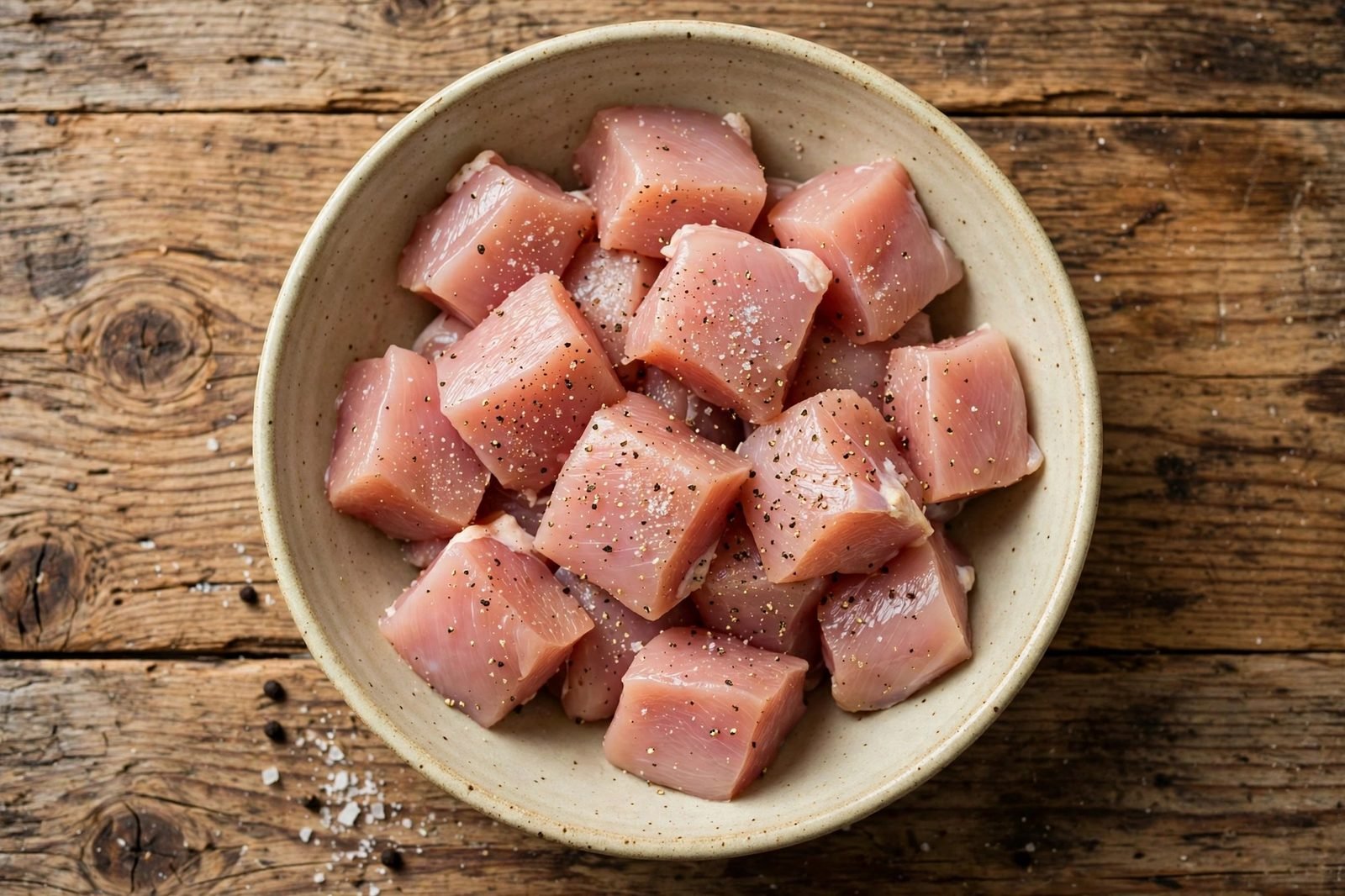 Raw chicken pieces seasoned with salt and pepper