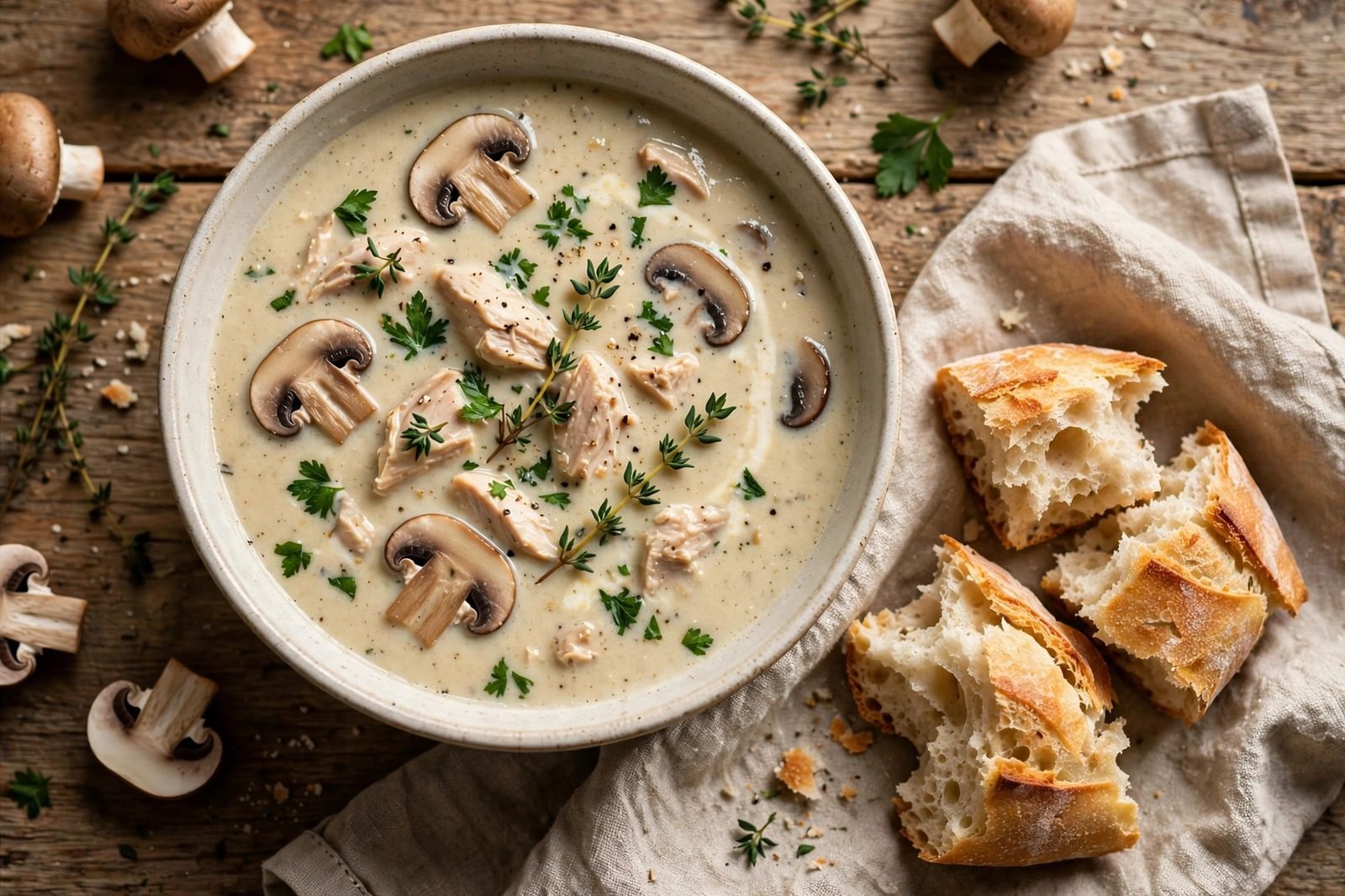 Finished creamy chicken and mushroom soup with parsley and crusty bread