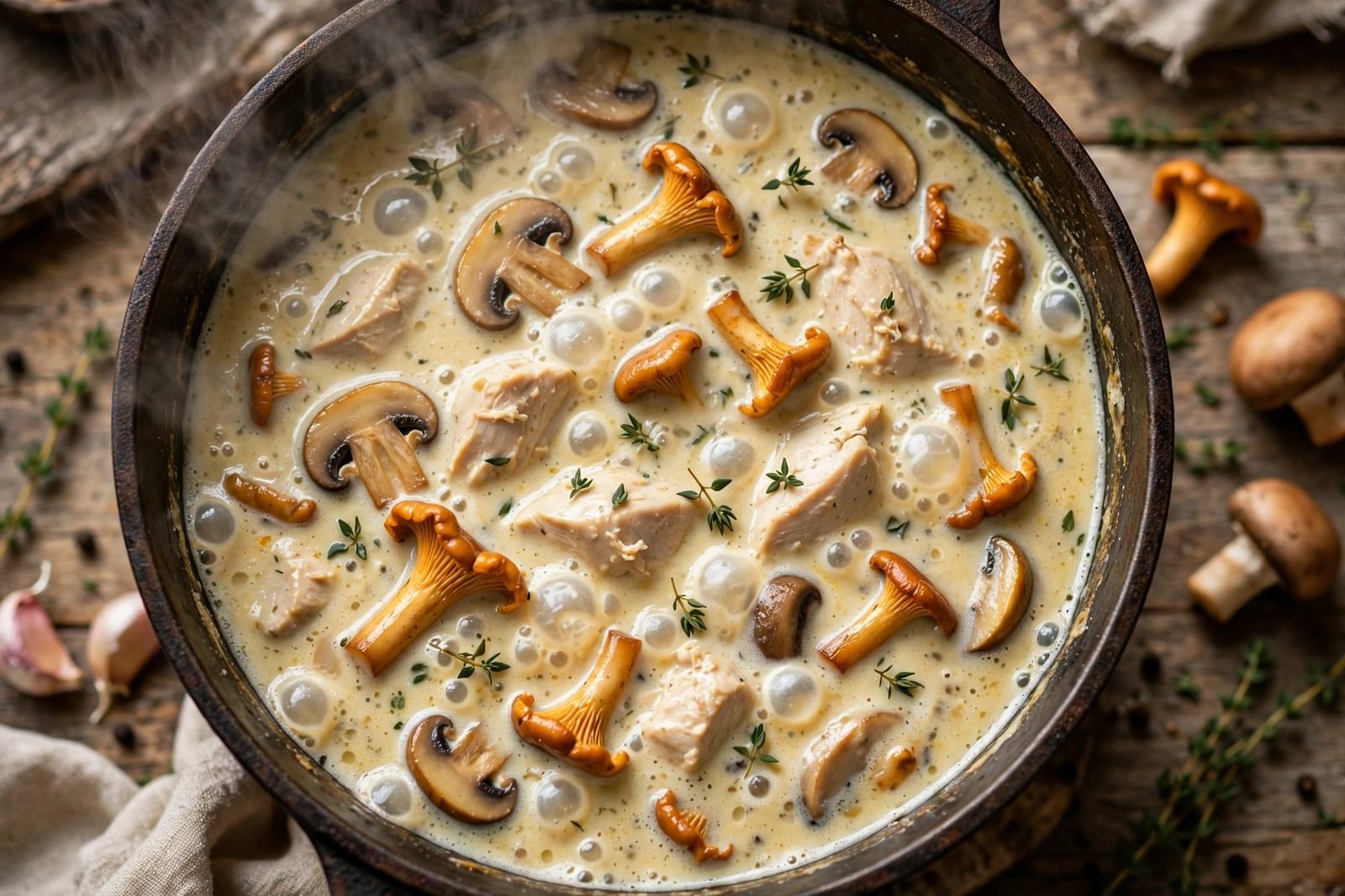 Creamy chicken and mushroom soup simmering in a pot
