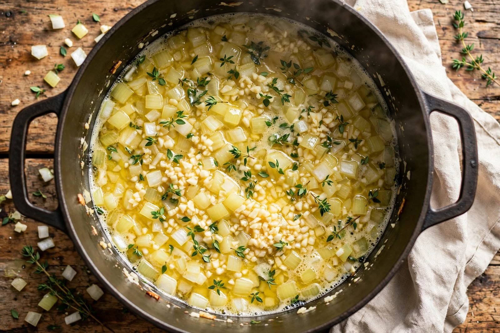 Diced onion, garlic, and thyme softening in the pot