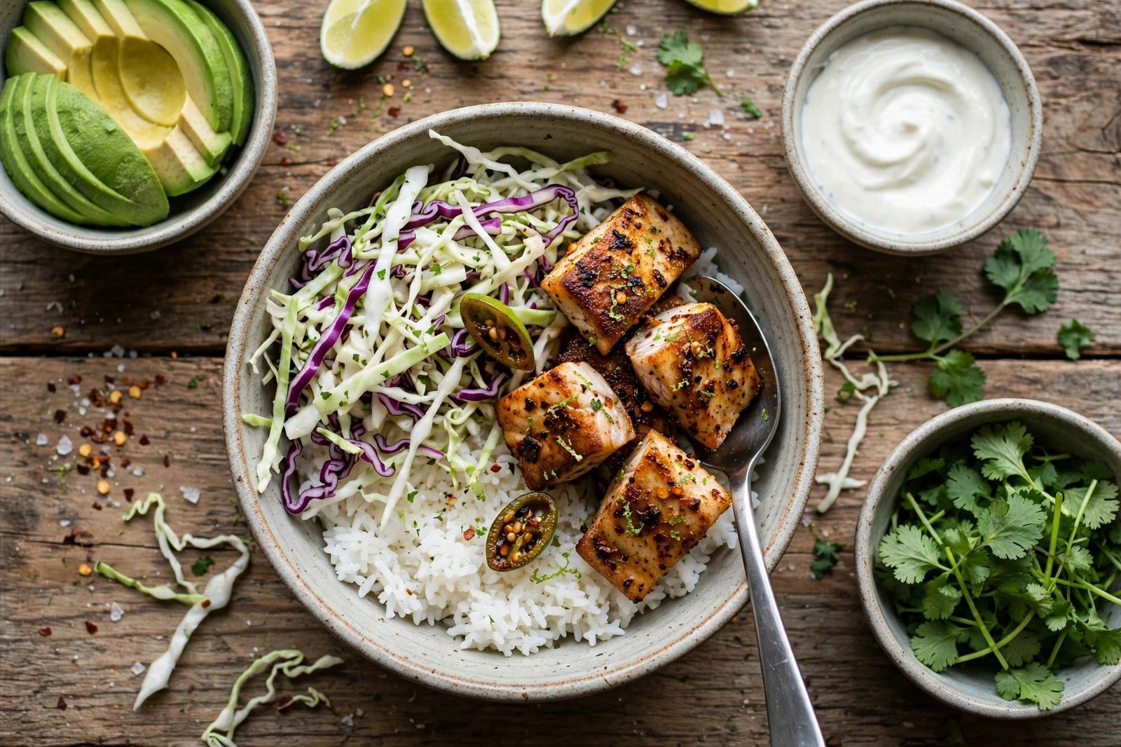 Fish taco bowls being built with rice, slaw, fish, and avocado