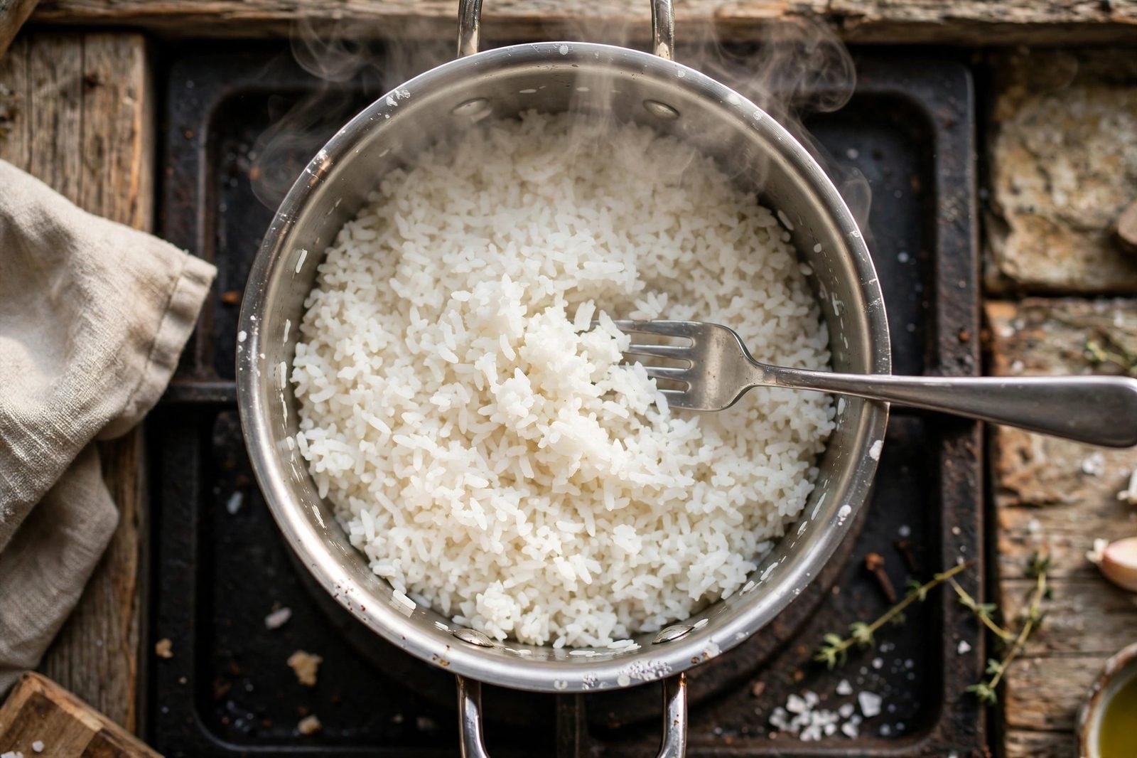 Instant rice cooking in a covered saucepan