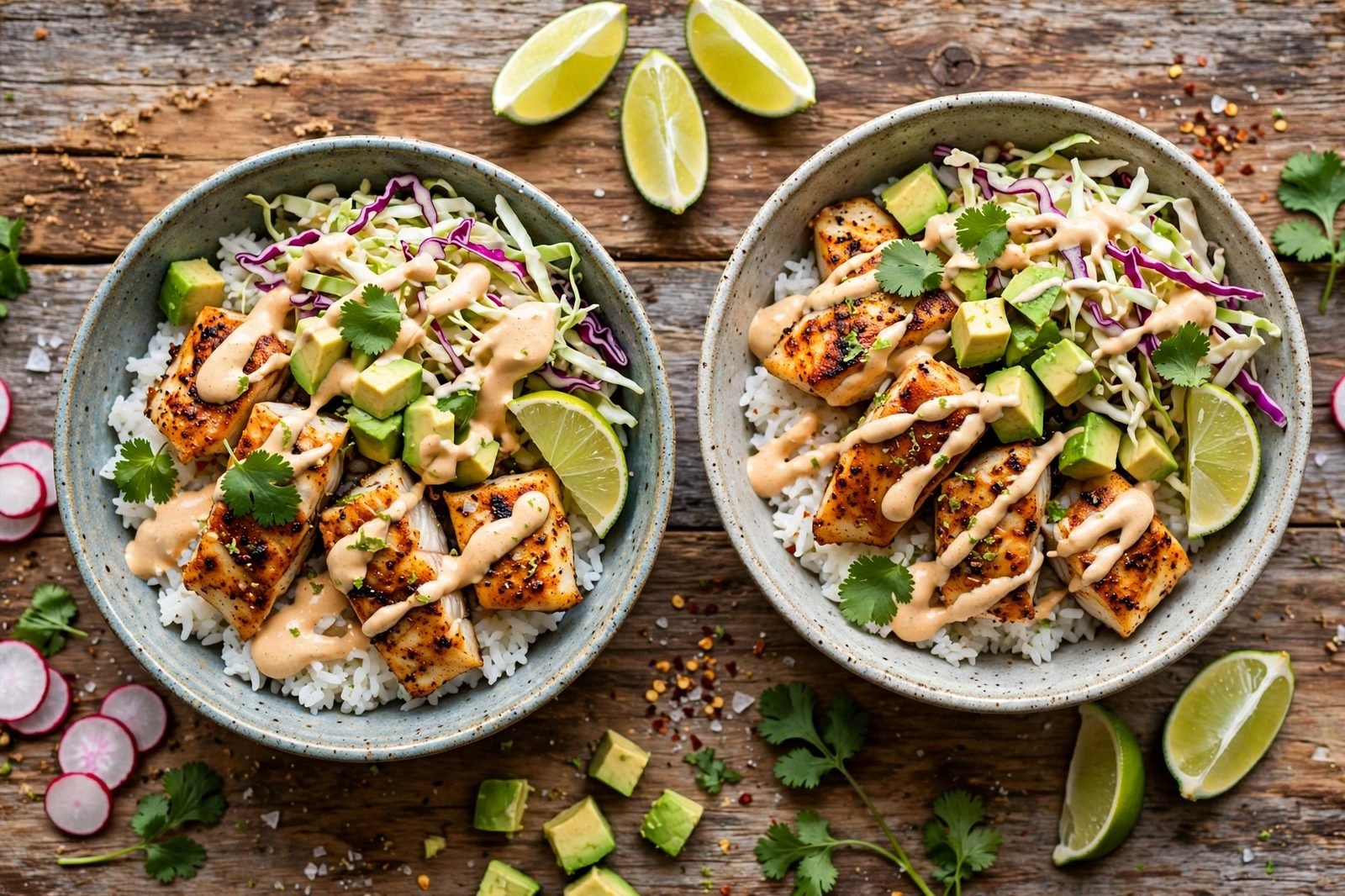 Overhead of fish taco bowls with chili-lime fish, rice, cabbage slaw, avocado, and chipotle crema