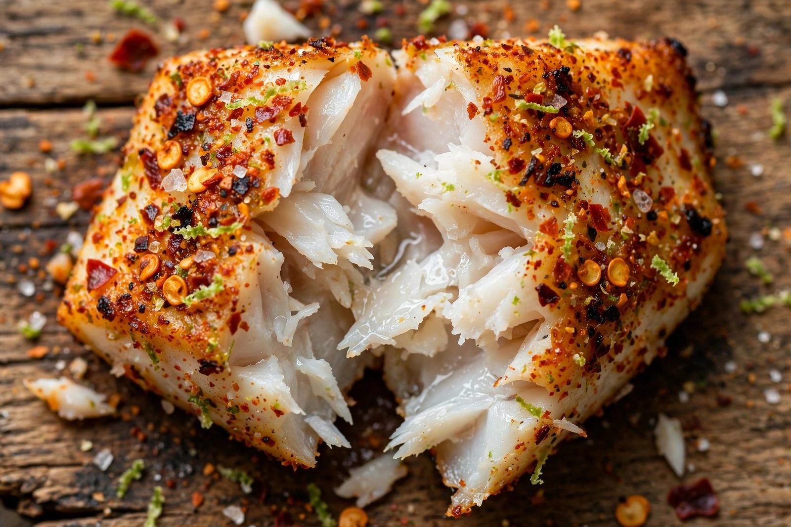 Close-up of seared fish flaking apart