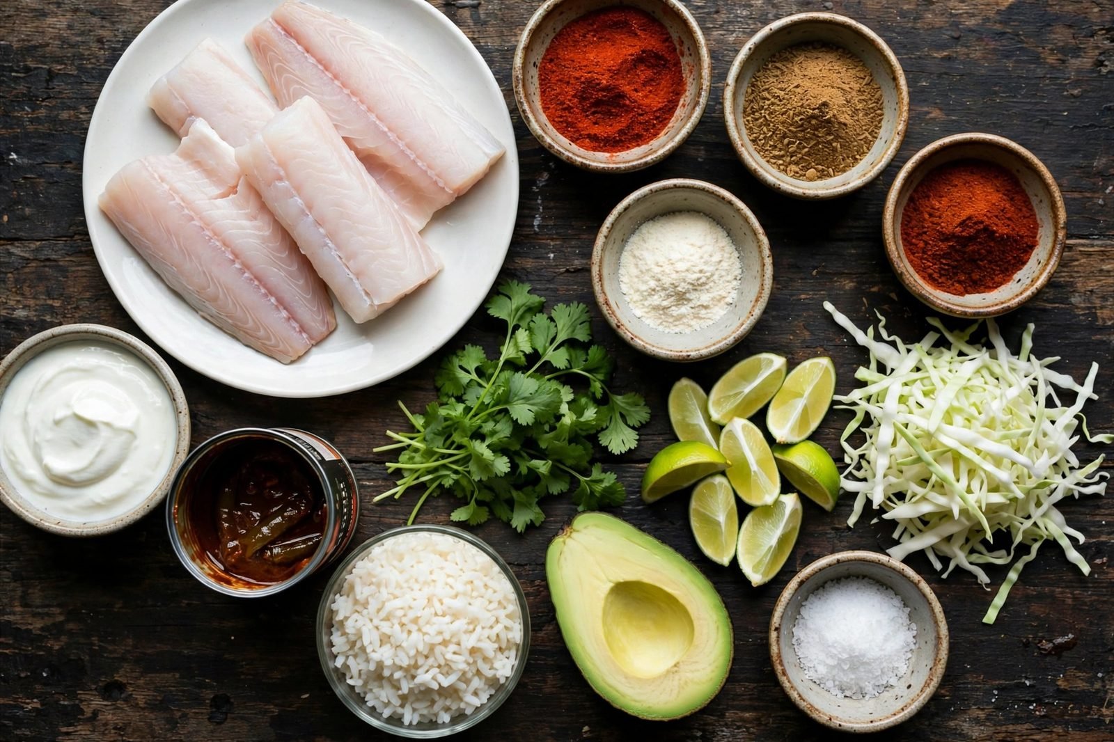 Ingredients for fish taco bowls arranged on a counter