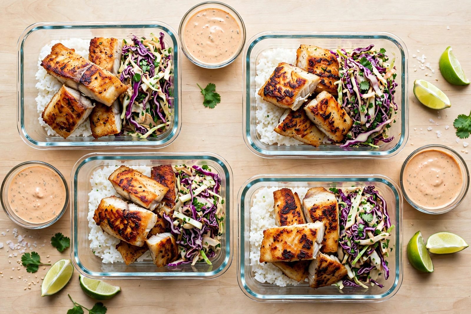 Meal prep containers filled with fish taco bowl components