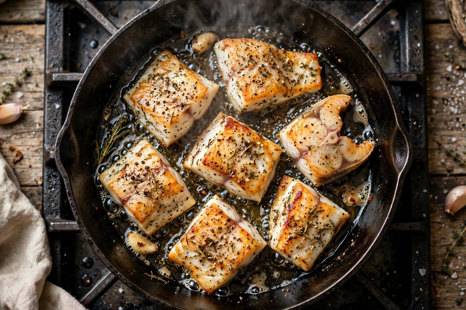 Seasoned fish pieces searing in a hot skillet