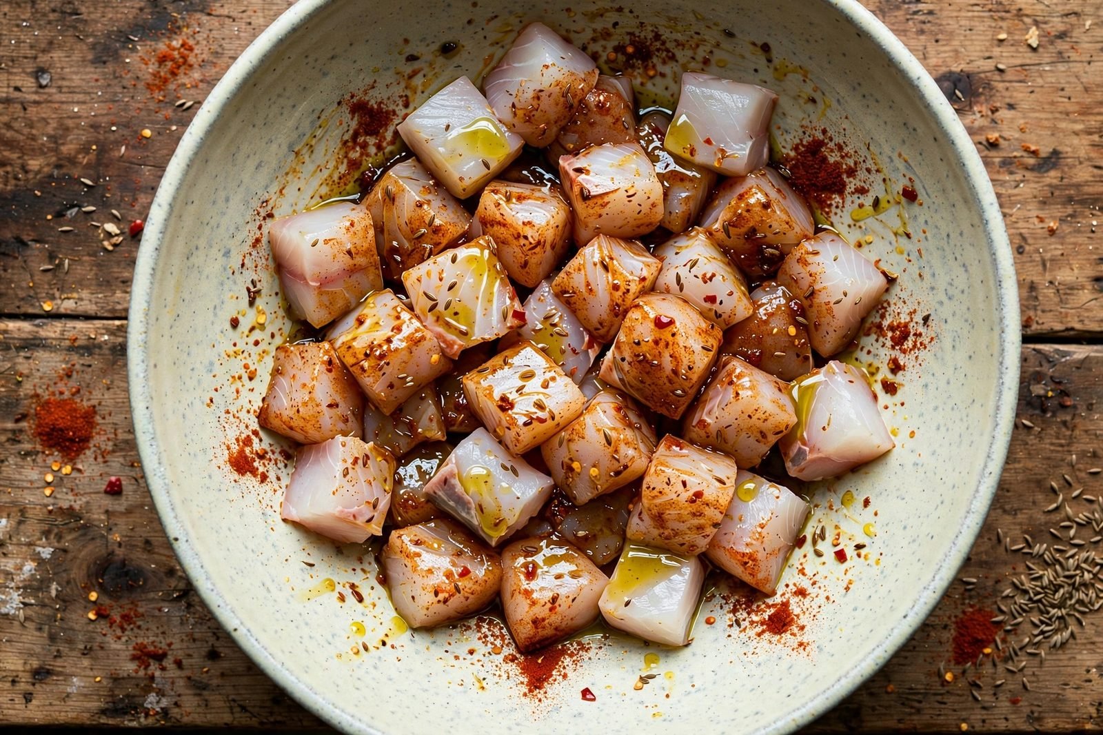 Fish pieces tossed with chili powder, cumin, and lime seasoning