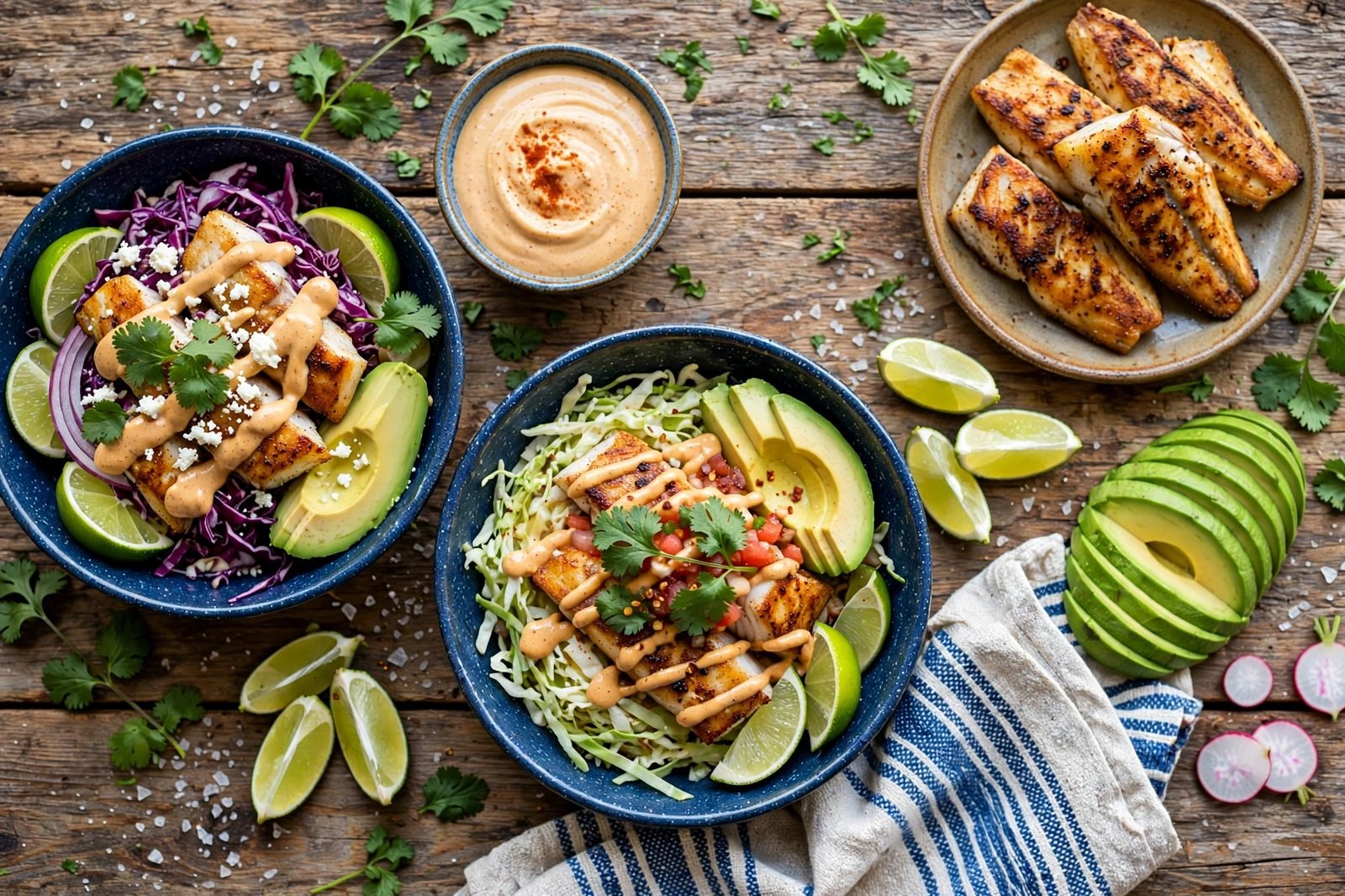 Served spread of fish taco bowls with lime wedges