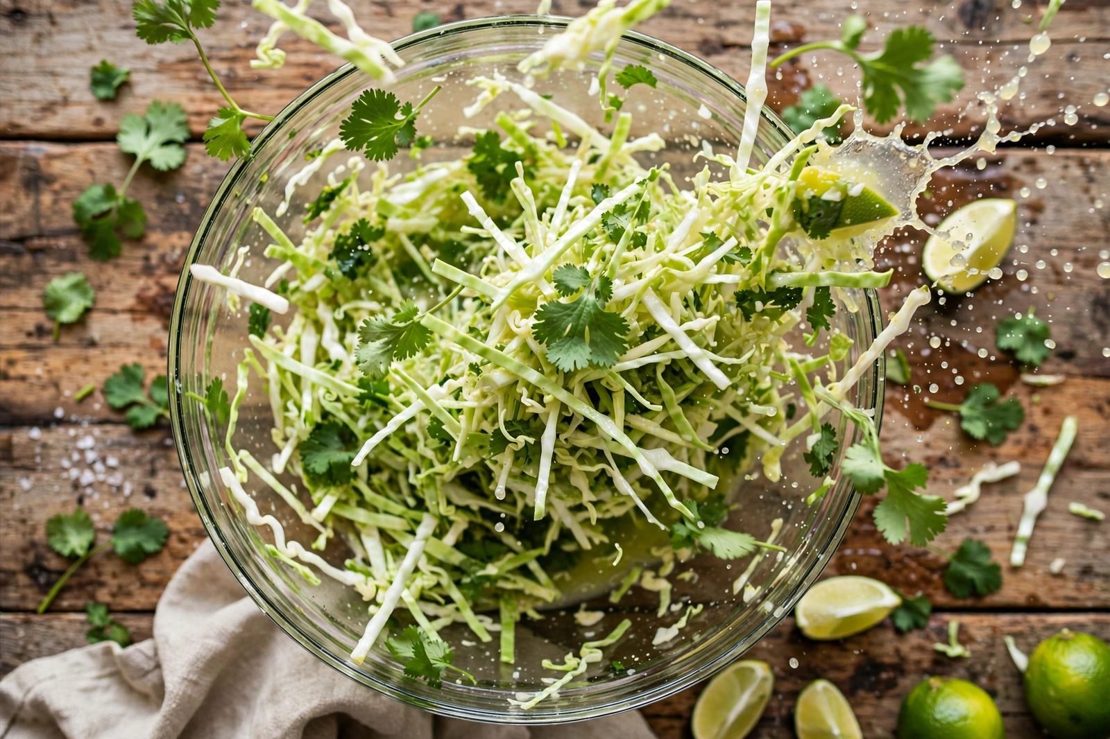 Cabbage slaw tossed with cilantro and lime