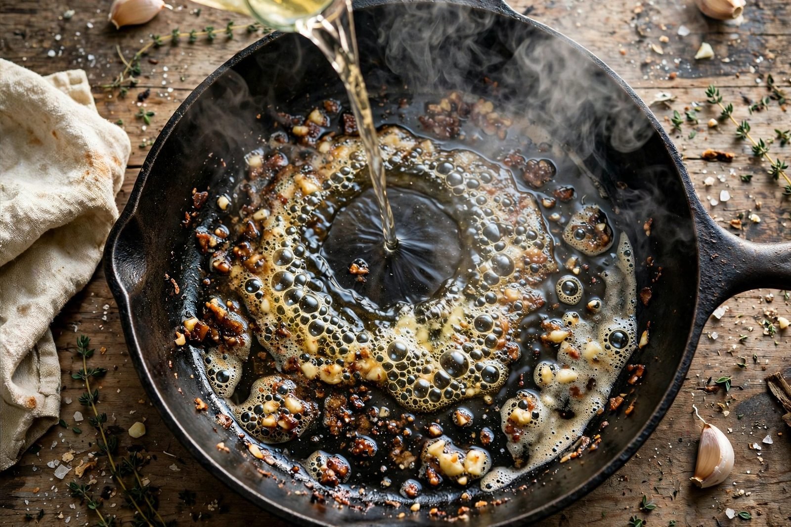 White wine deglazing a skillet with browned bits