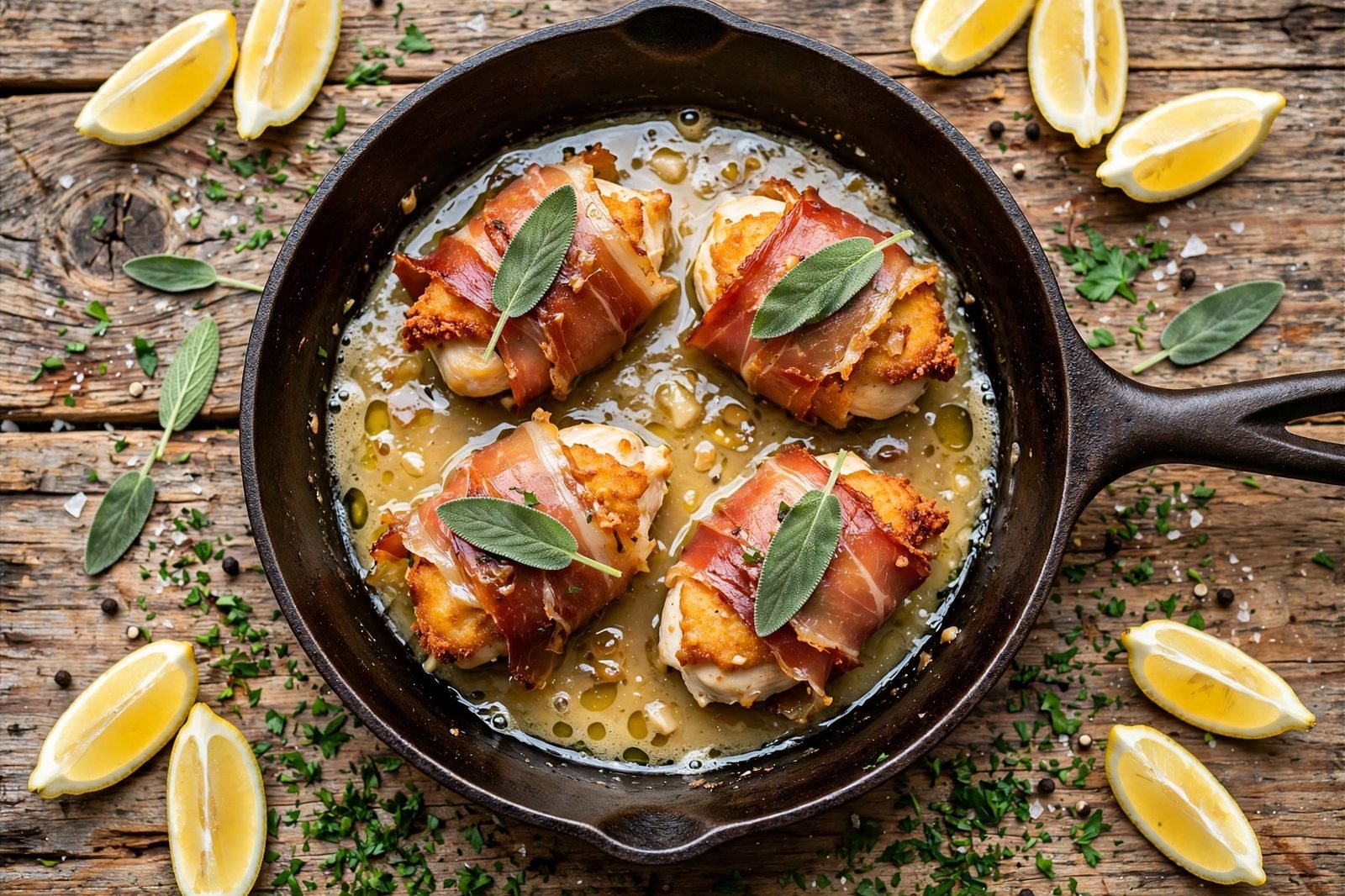 Chicken cutlets wrapped in prosciutto with sage leaves in a lemon-white wine pan sauce, served with lemon wedges and parsley