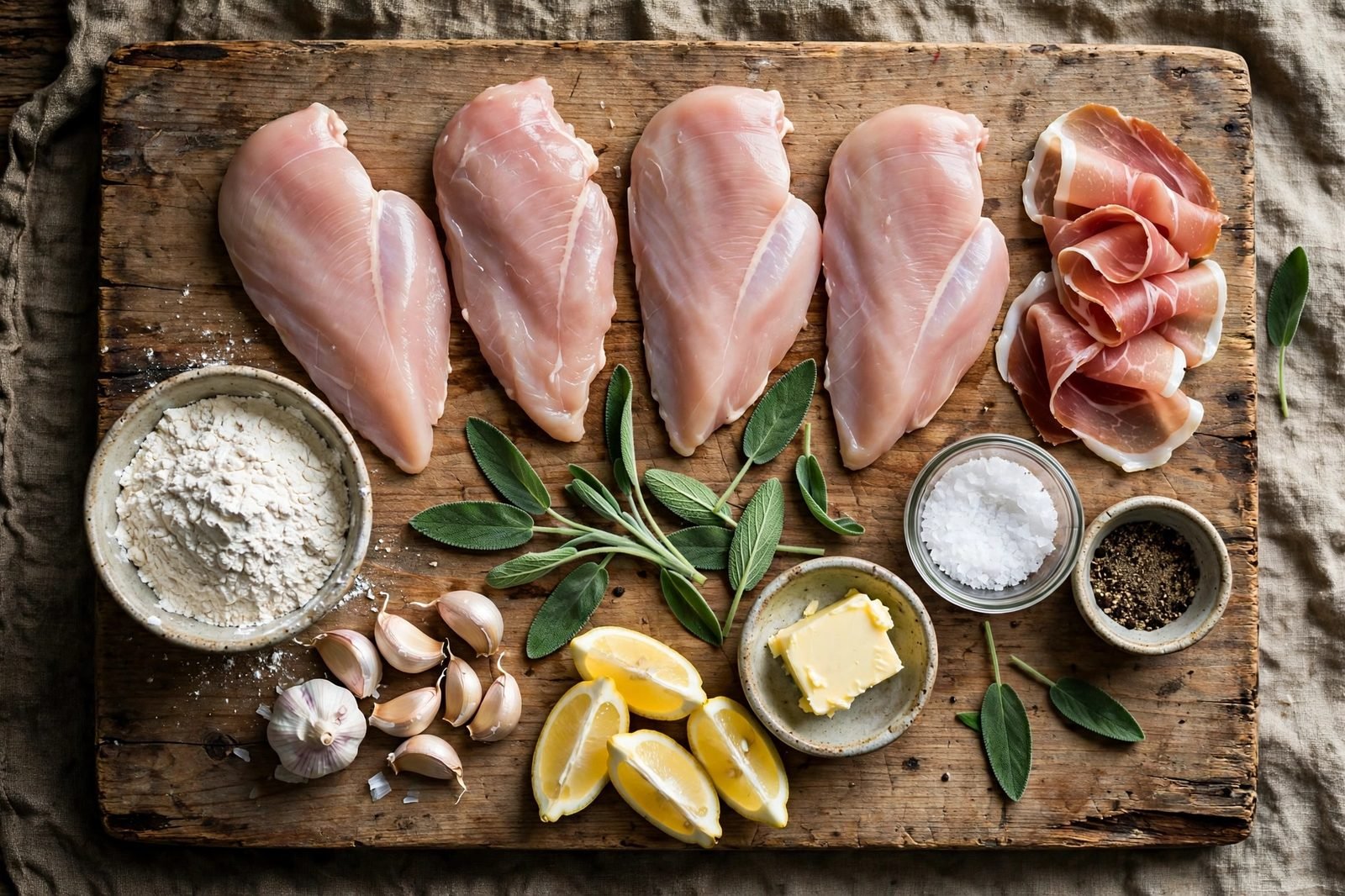 Ingredients for chicken saltimbocca: chicken breasts, prosciutto, fresh sage, flour, garlic, white wine, lemon, and butter