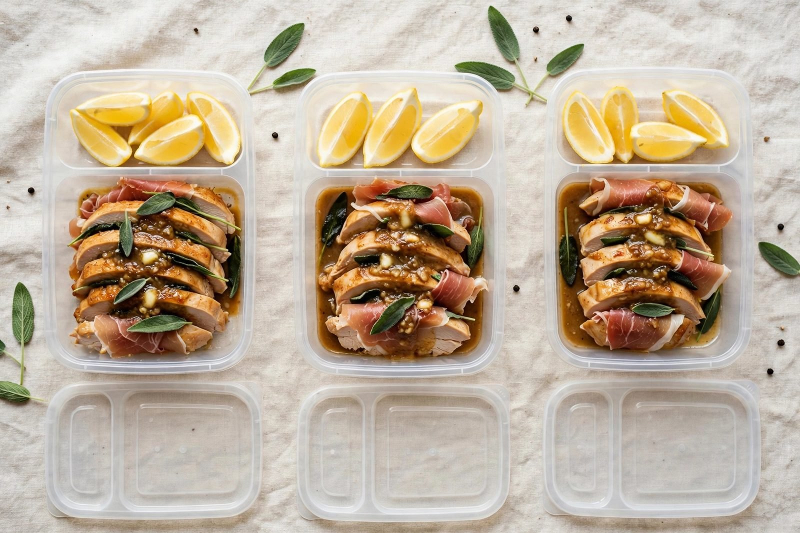Meal prep containers filled with chicken saltimbocca and pan sauce
