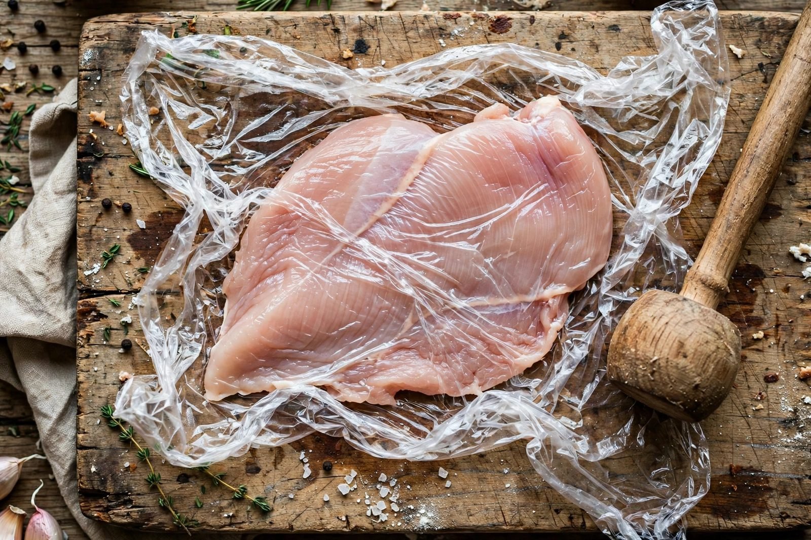 Chicken breast being pounded to an even quarter-inch thickness