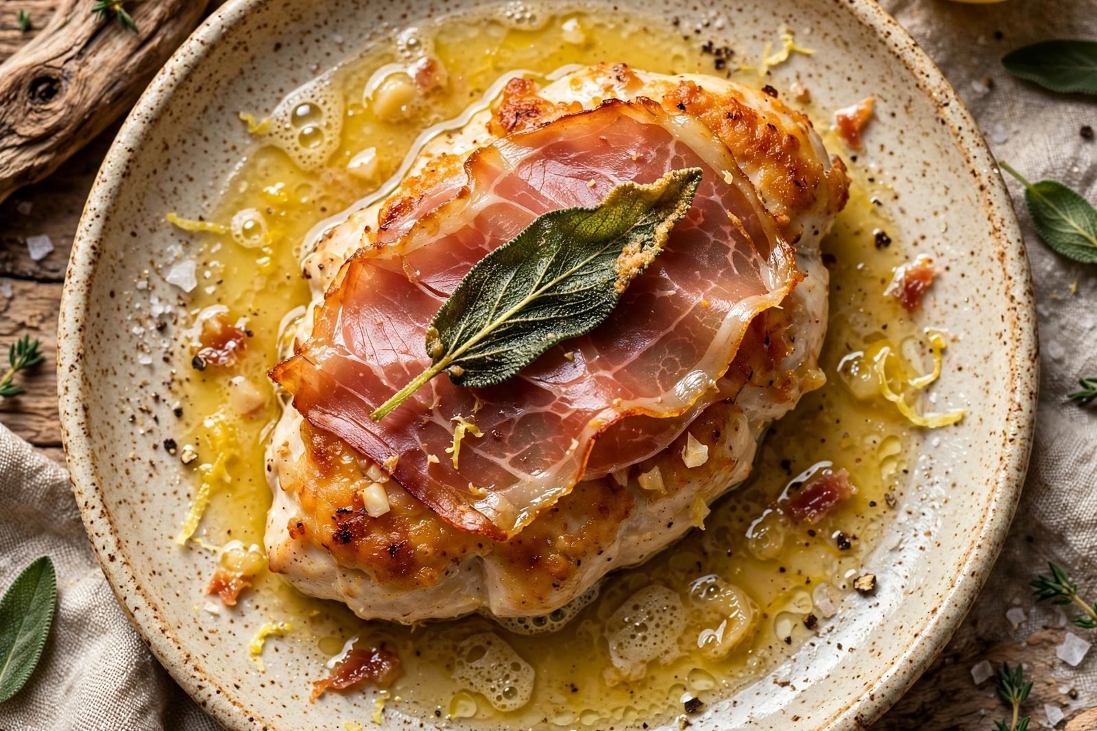 Close-up of crispy prosciutto and sage on a golden chicken cutlet