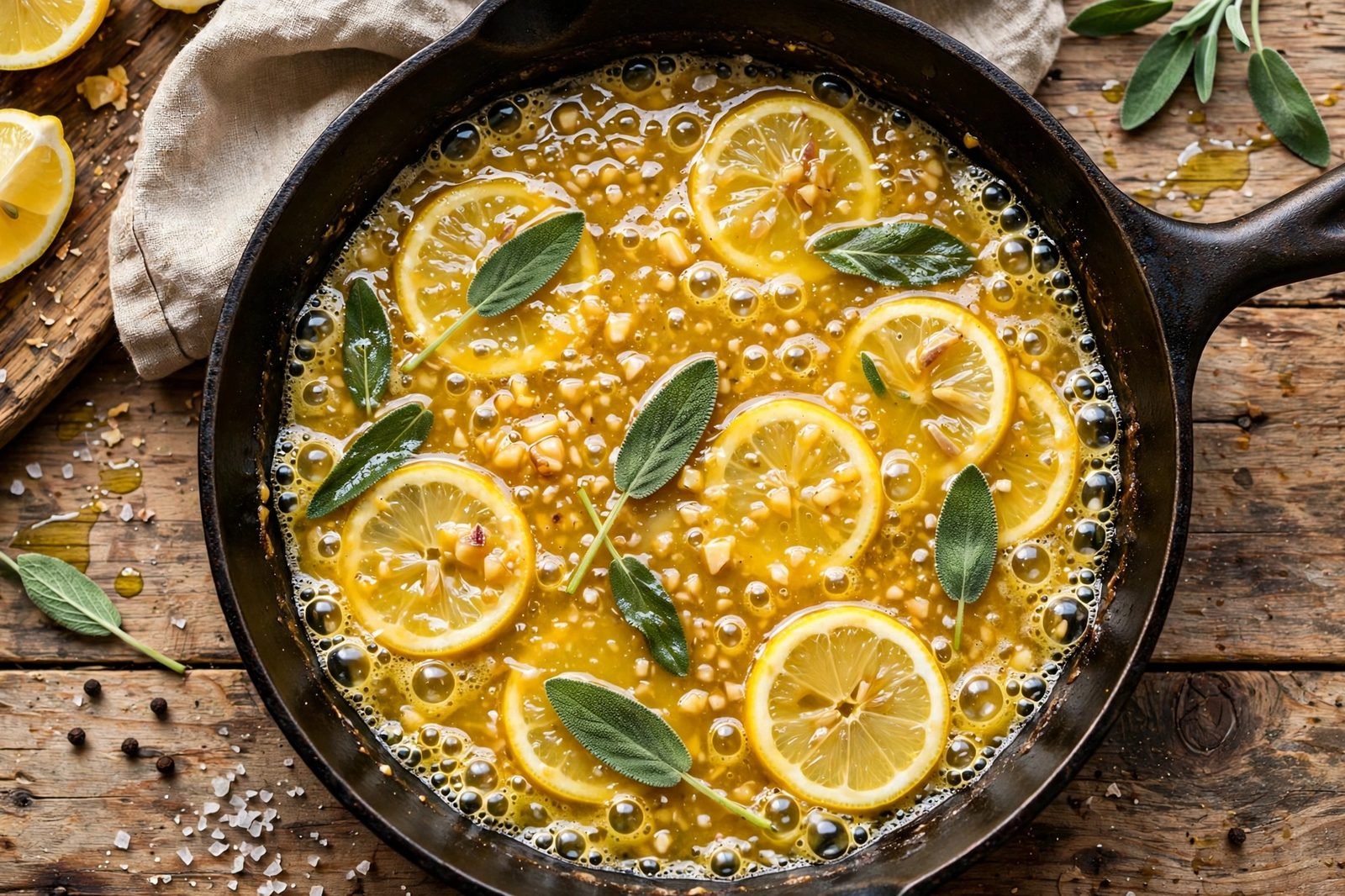 Lemon-white wine pan sauce reducing in a skillet