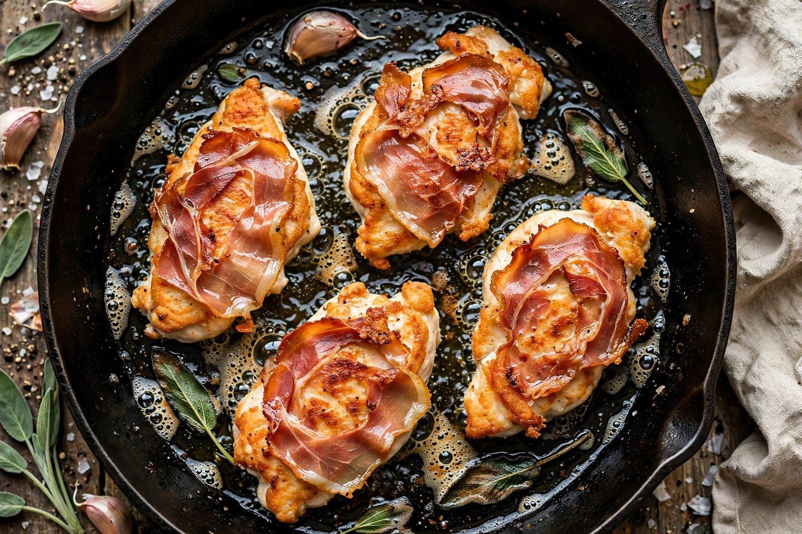 Chicken cutlets searing prosciutto-side down in a hot skillet
