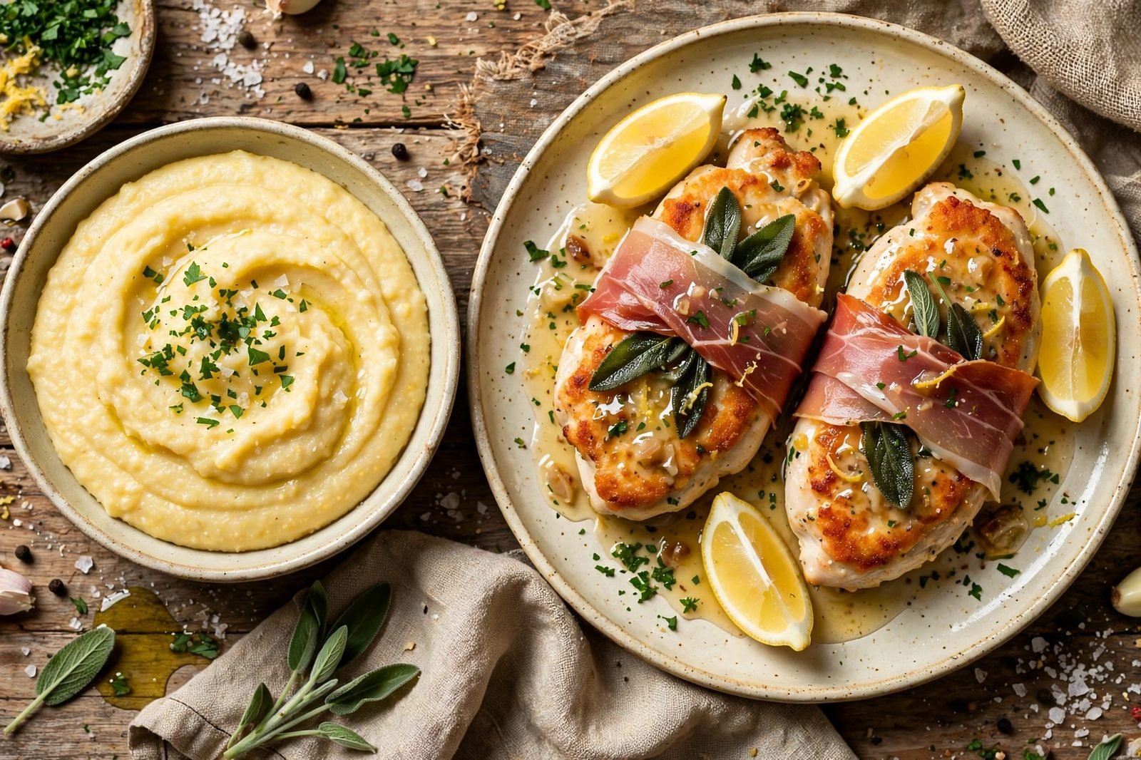 Chicken saltimbocca served on a plate with lemon wedges and parsley