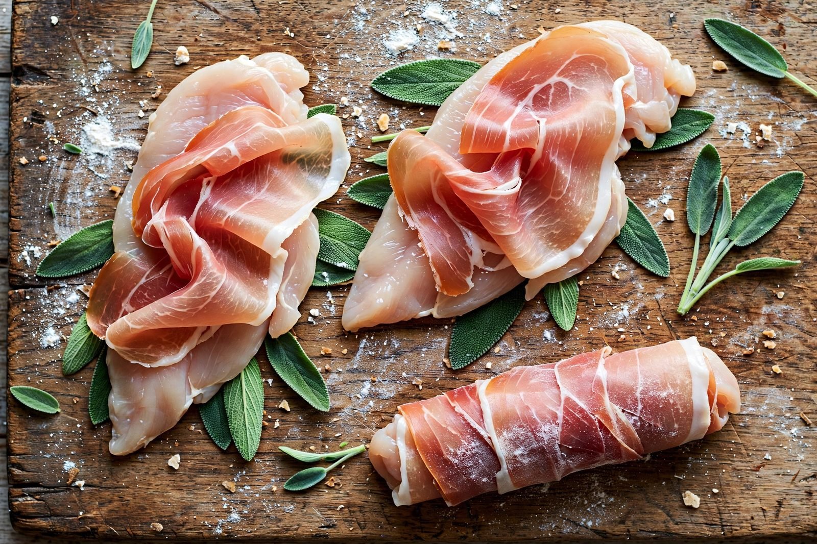 Sage leaves and prosciutto slices layered on a pounded chicken cutlet