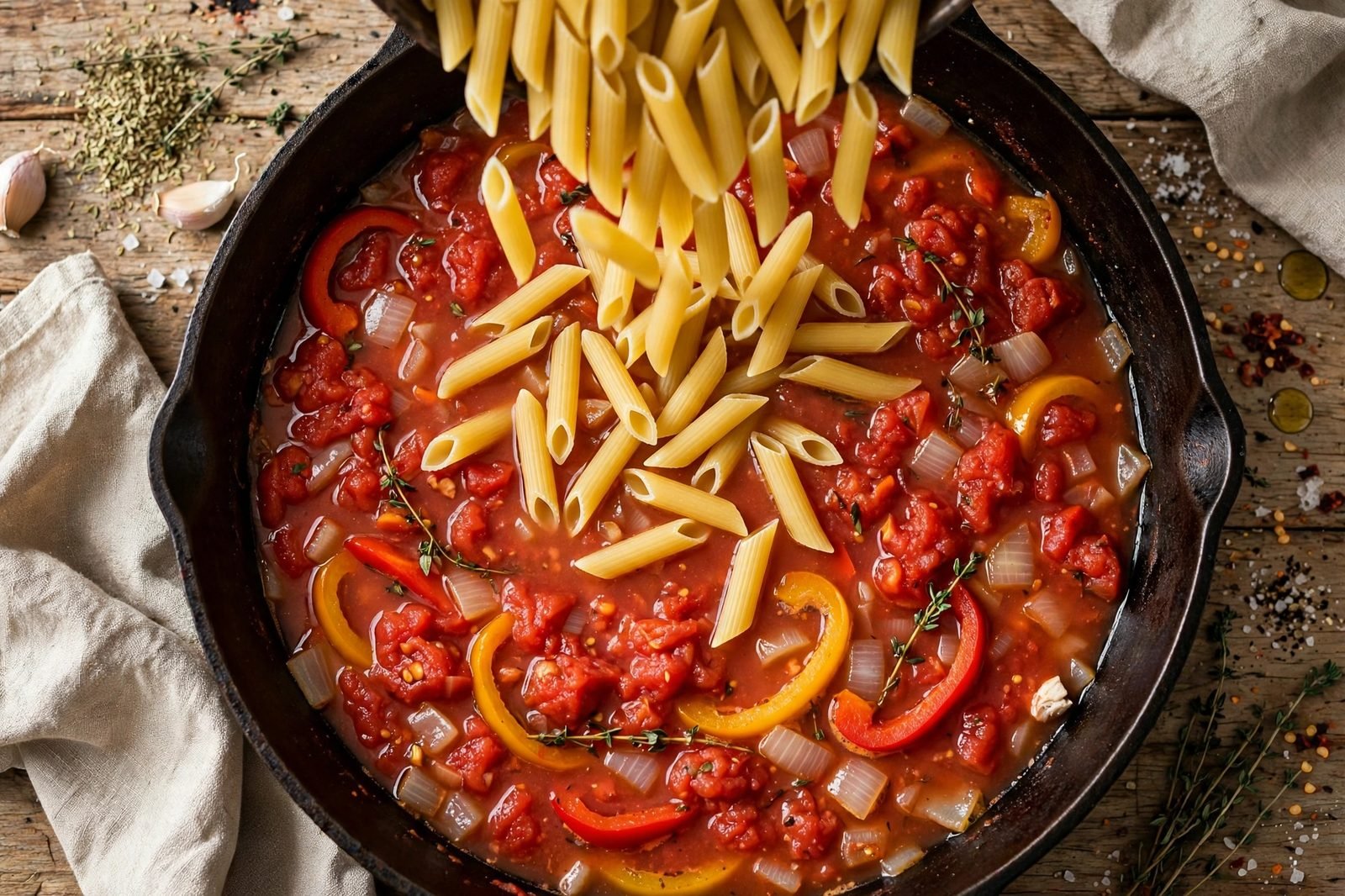 Crushed tomatoes, chicken broth, and uncooked penne added to the pot